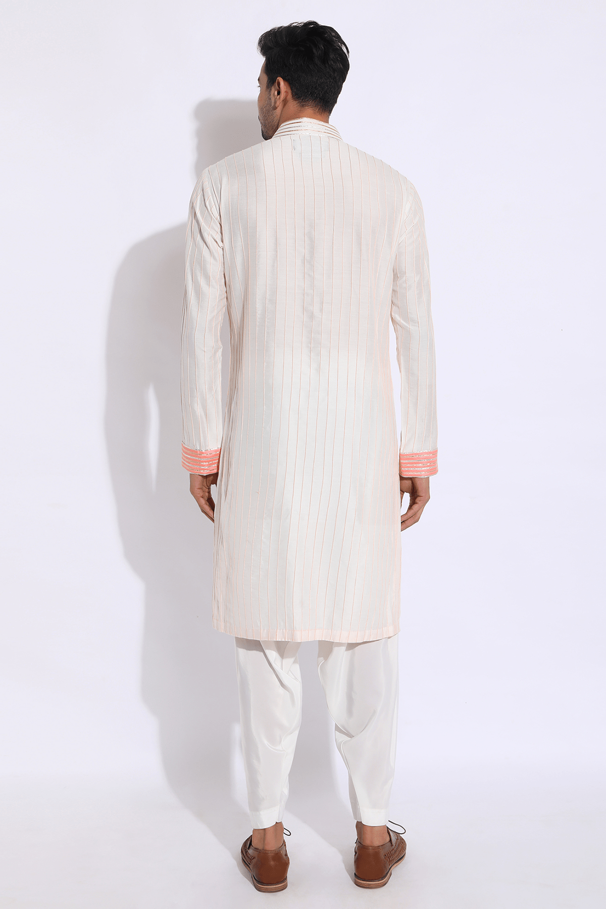 Ivory with Peach and Orange Pleating Detail Kurta Set - Kunal Anil Tanna