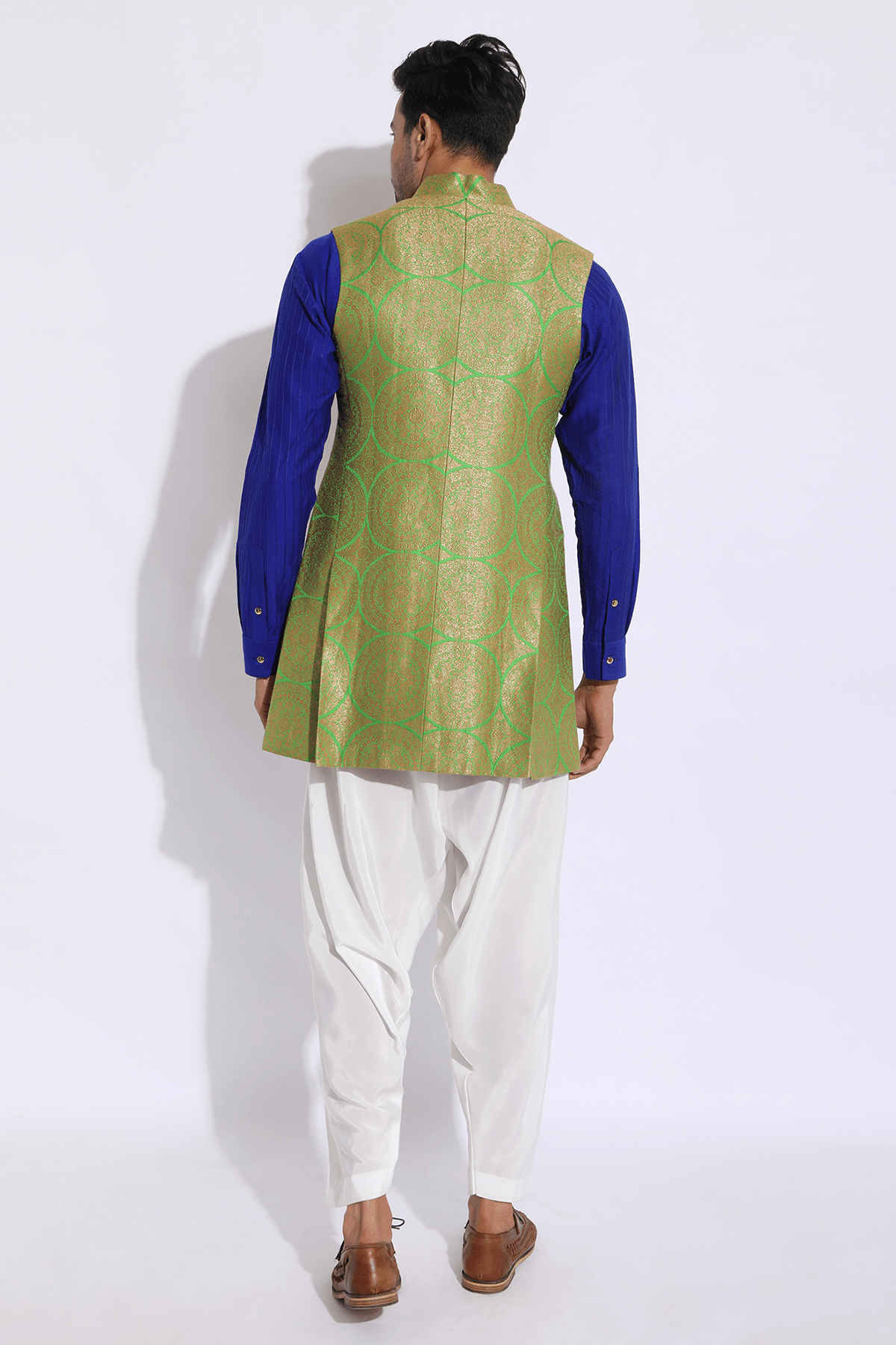 Green brocade bandi jacket with blue kurta set - Kunal Anil Tanna