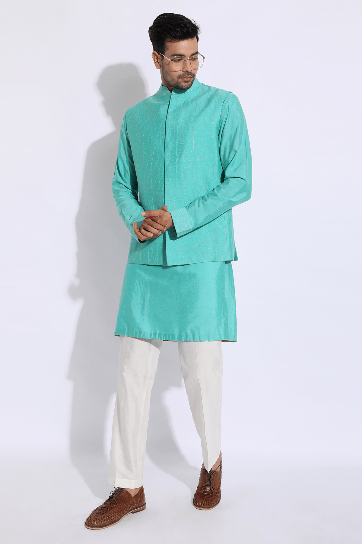 Turquoise blue with gold zari texture bandi kurta set - Kunal Anil Tanna