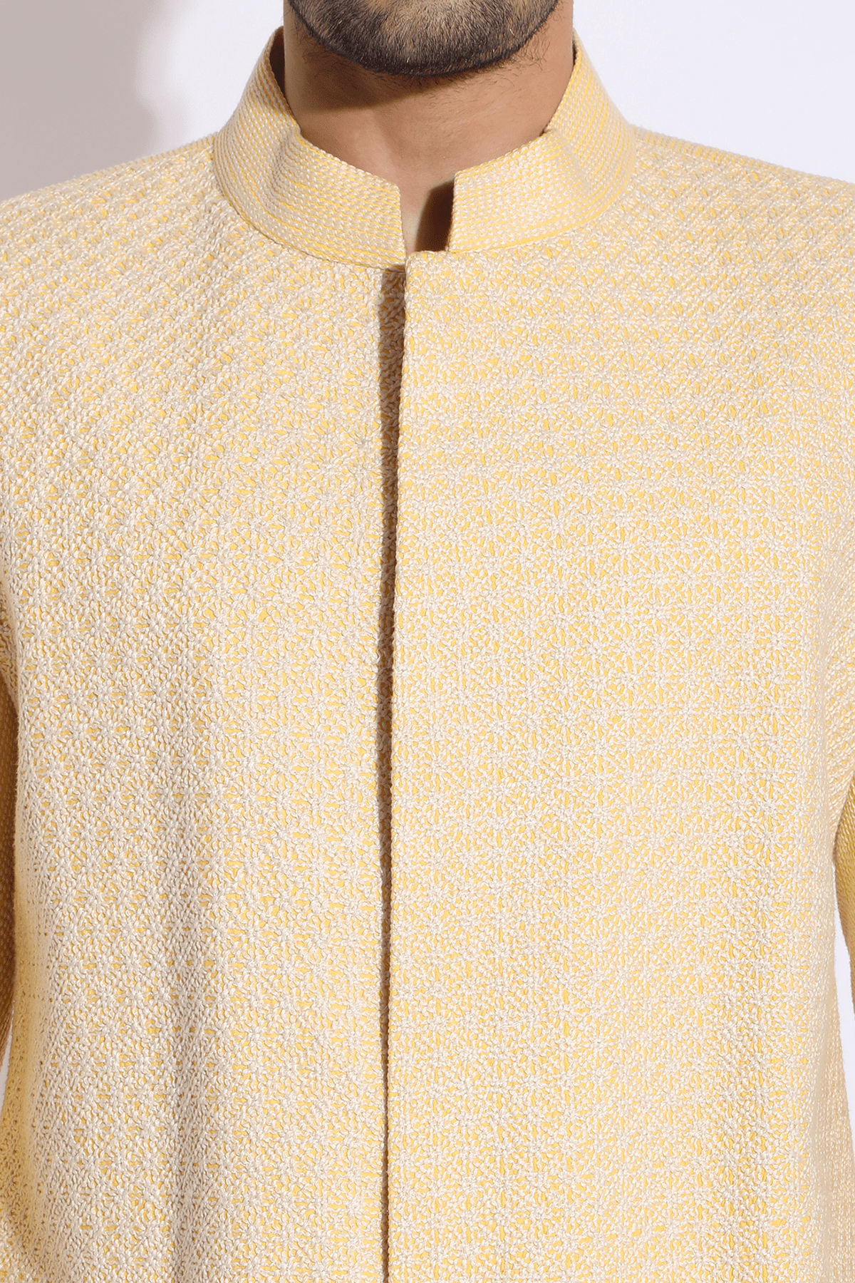 Light Yellow with Ivory Texture Sherwani Set - Kunal Anil Tanna