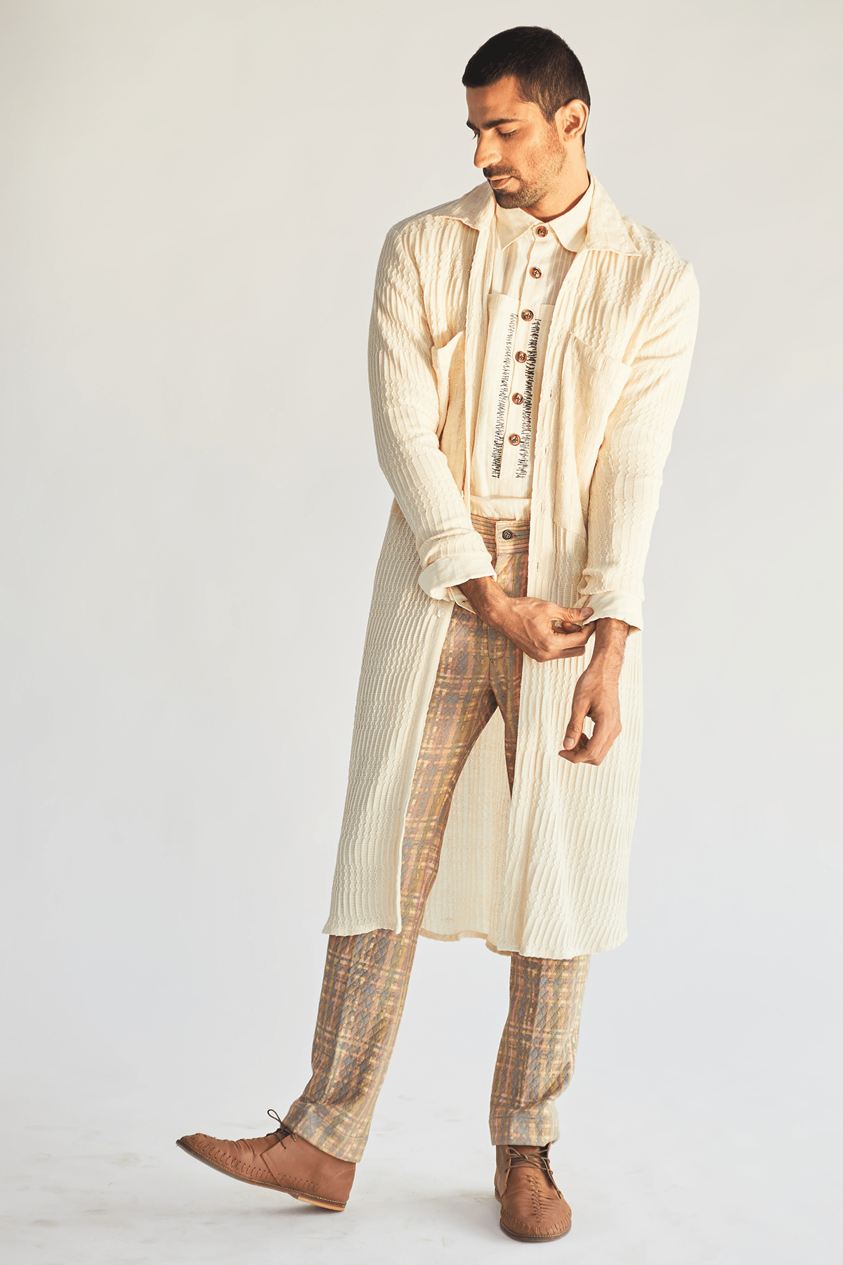 Ivory Long Shirt Jacket with Shirt and Mesh Faded Print Pants - Kunal Anil Tanna