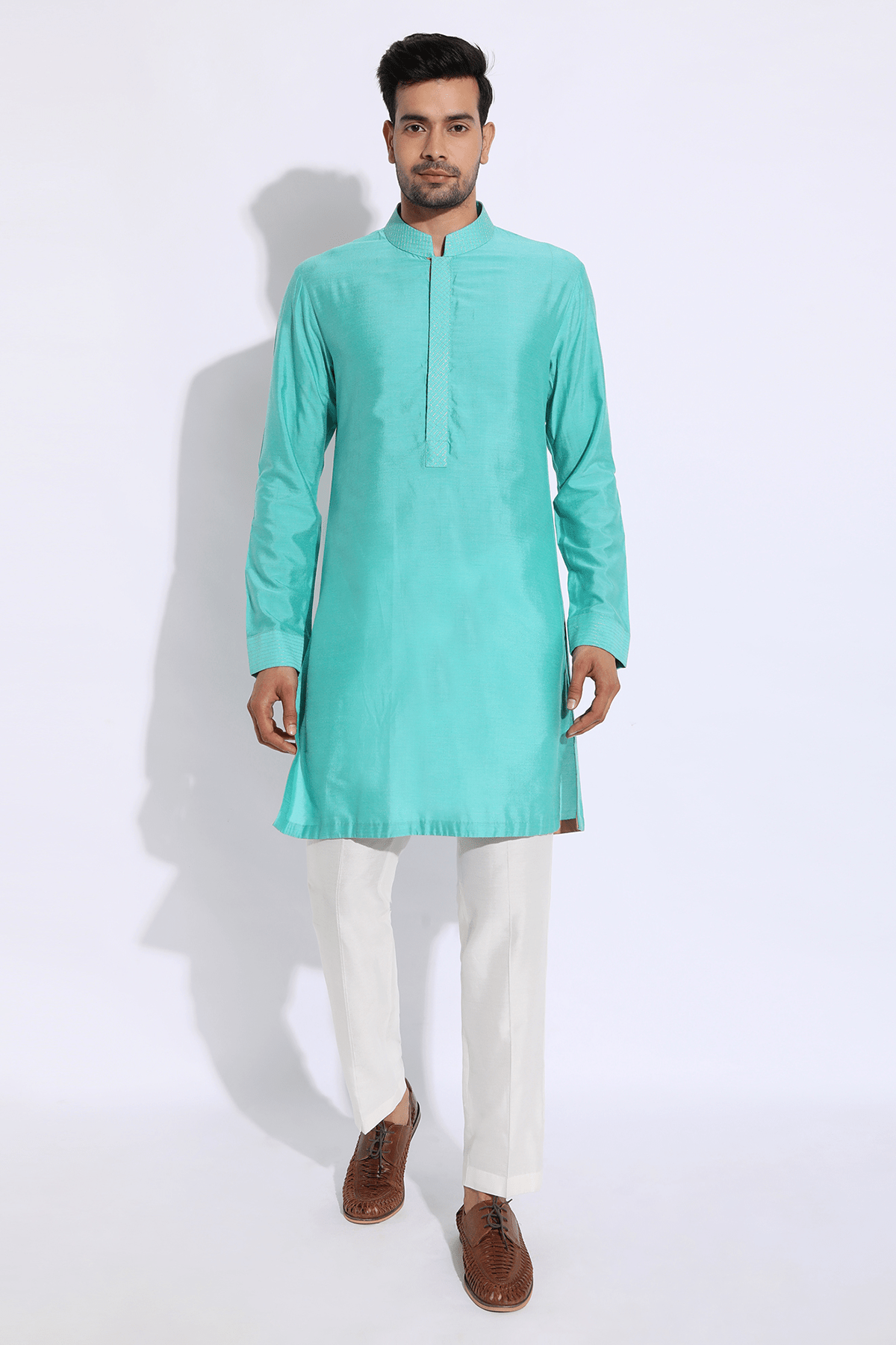 Turquoise blue with gold zari texture bandi kurta set - Kunal Anil Tanna