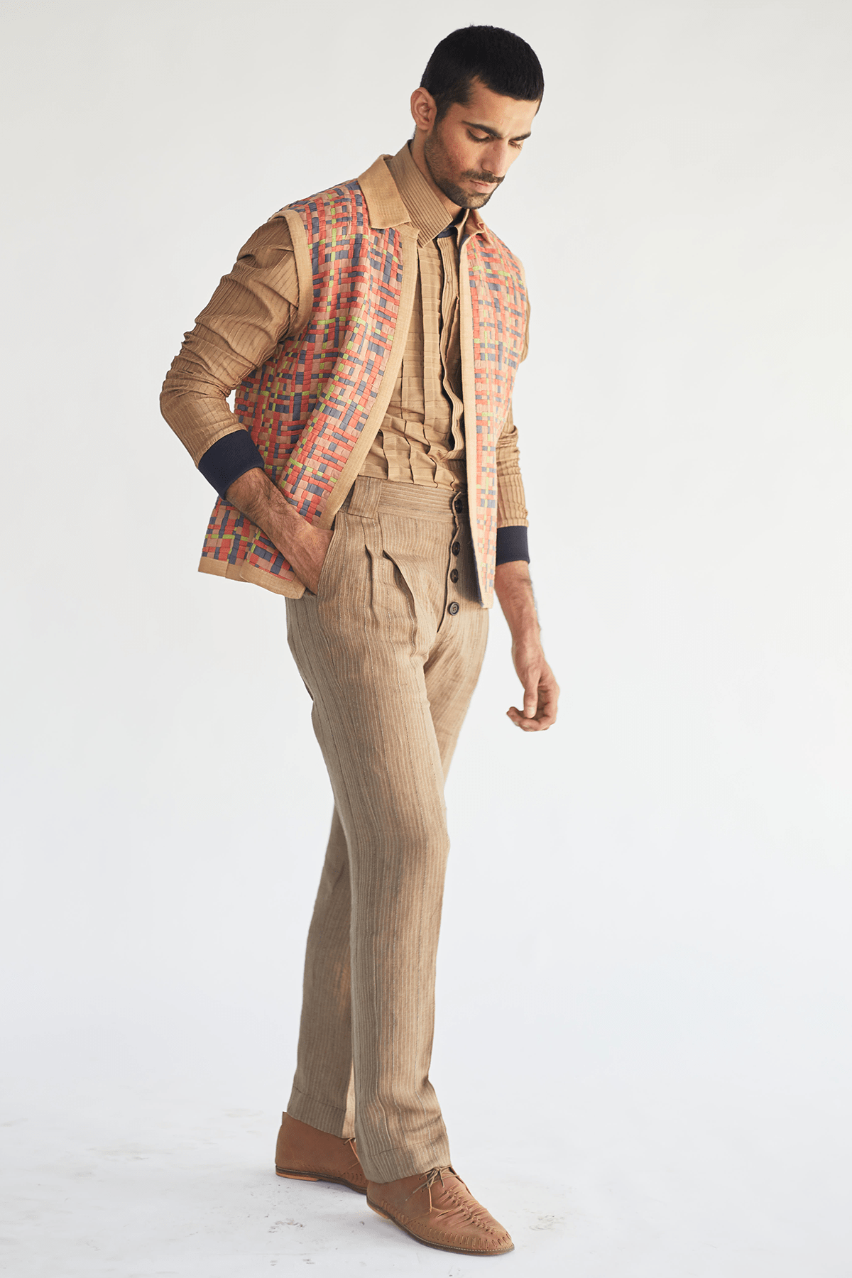 Open Bandi Jacket with Beige Kurta and Pants - Kunal Anil Tanna