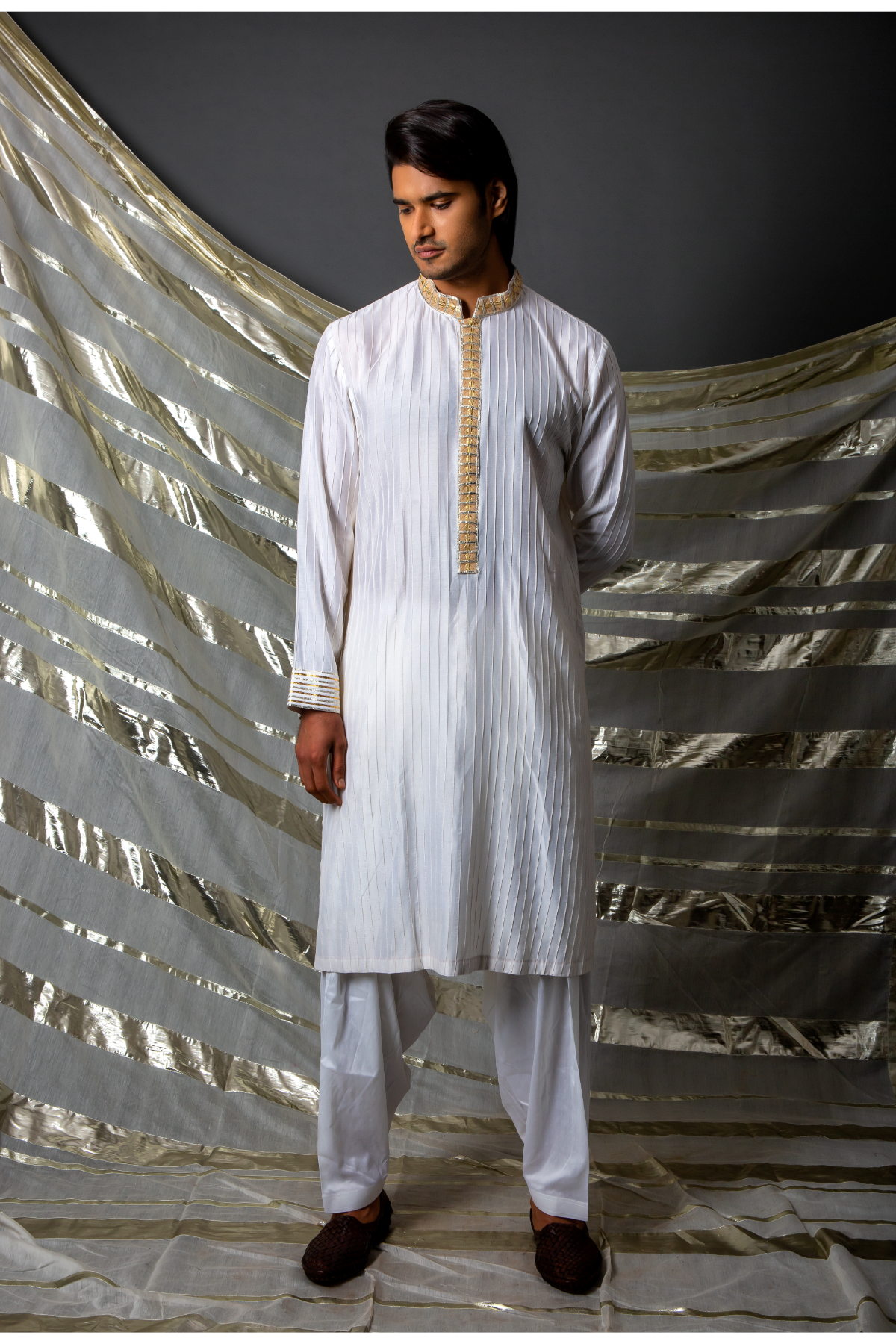 Off white beige thread pintucks kurta with pleating detail set - Kunal Anil Tanna