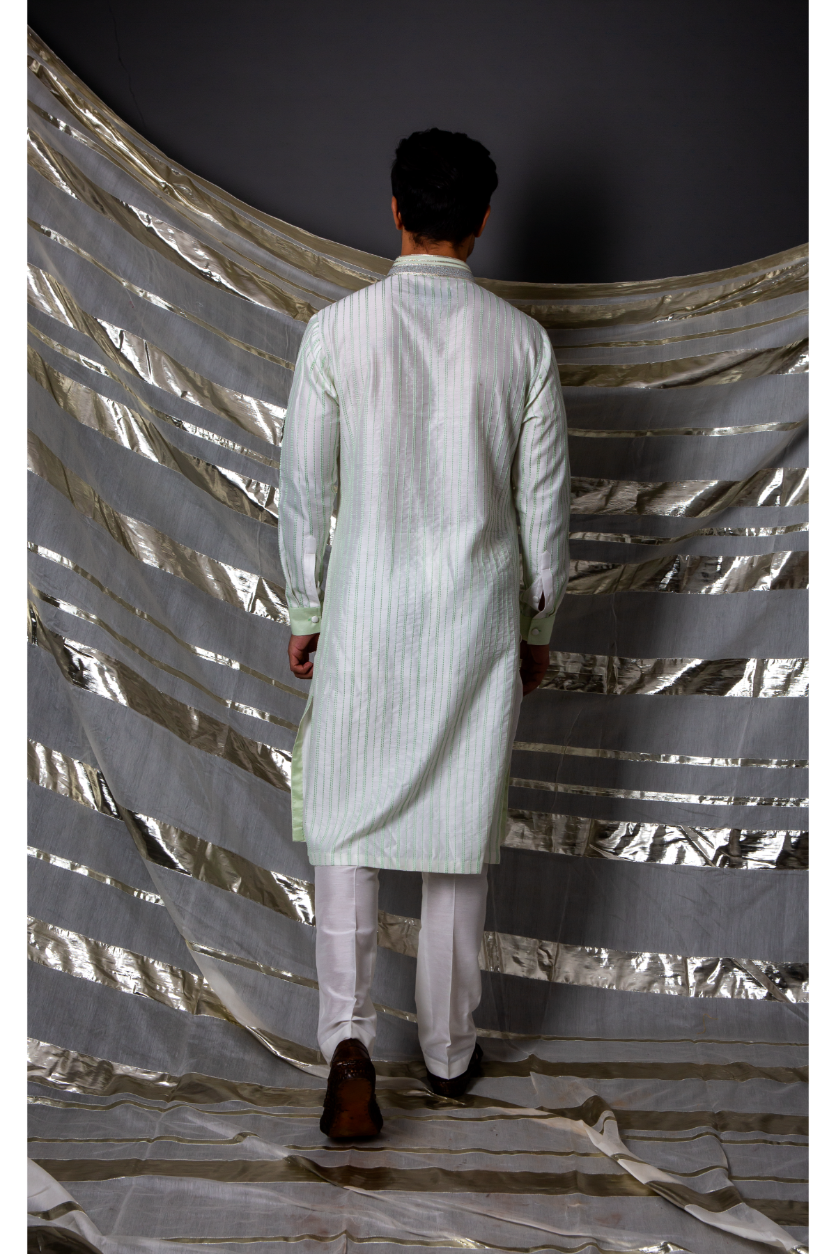 Off white green thread textured kurta set - Kunal Anil Tanna