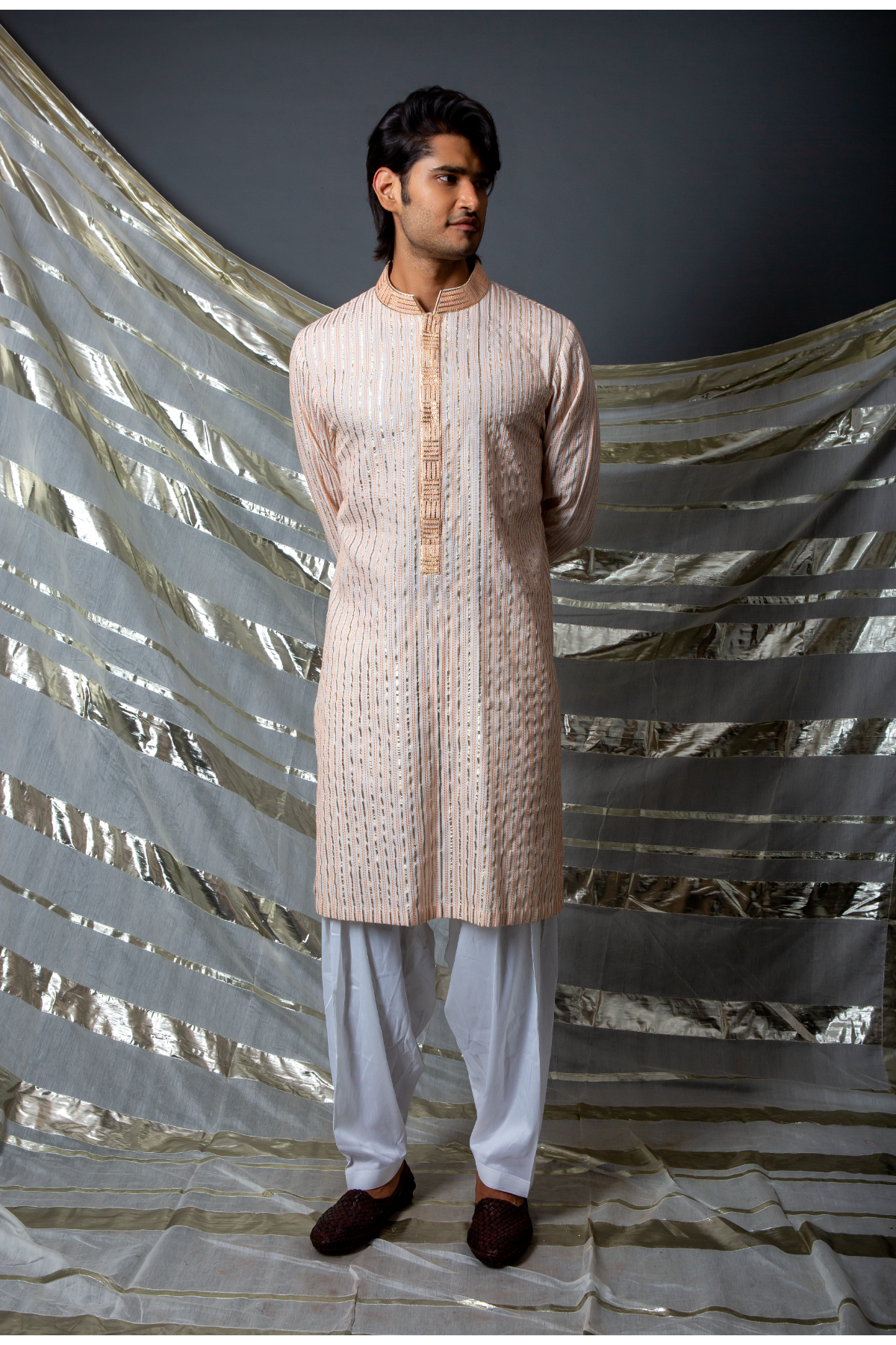Off white with peach thread and gotta textured kurta set - Kunal Anil Tanna