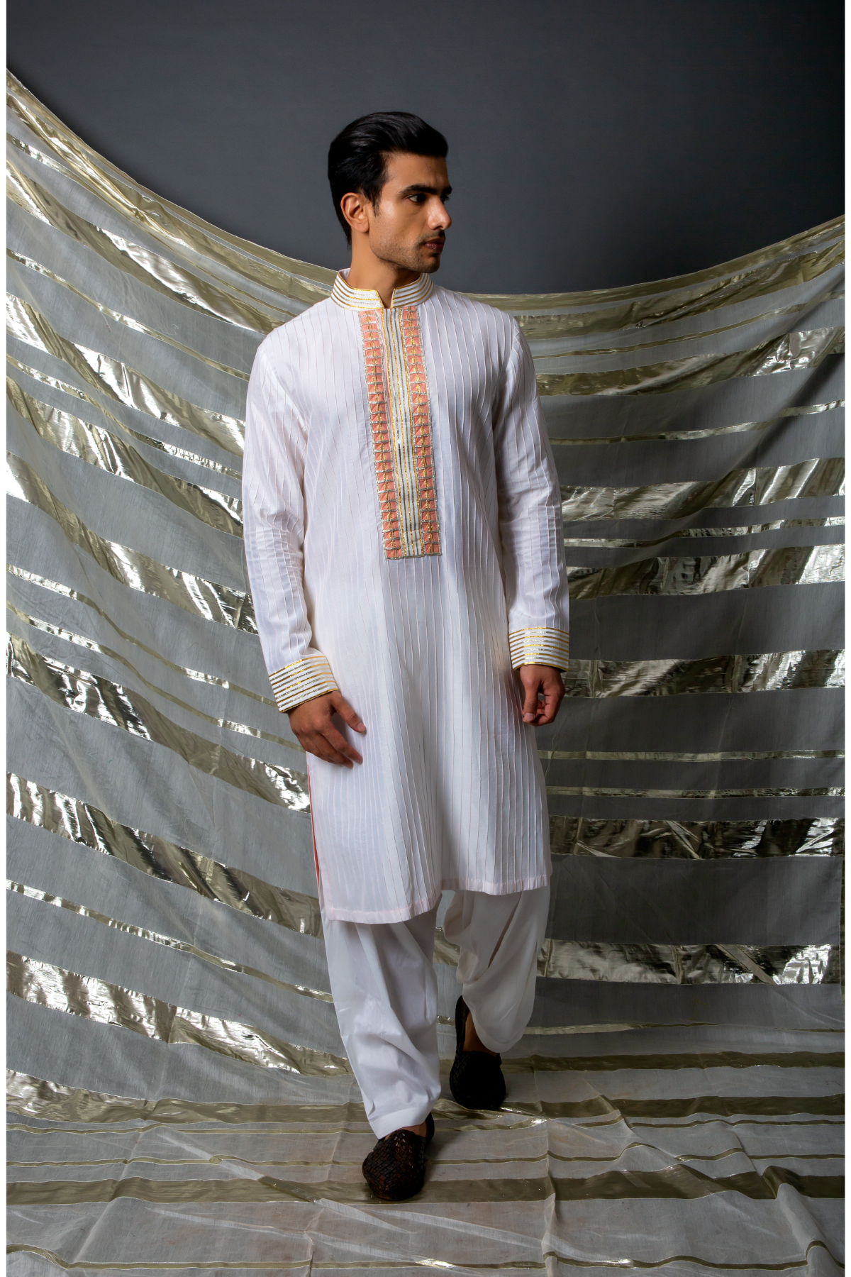 Off white peach thread pintucks kurta with pleating detail set - Kunal Anil Tanna