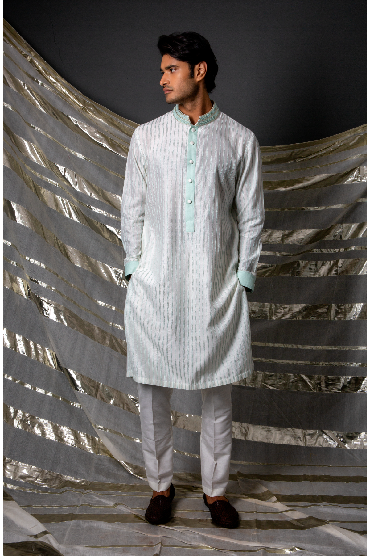 Off white blue textured kurta set - Kunal Anil Tanna