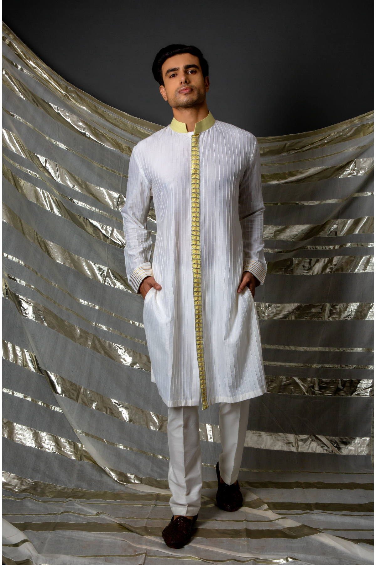 Off white yellow thread pintucks kurta with pleating detail set - Kunal Anil Tanna