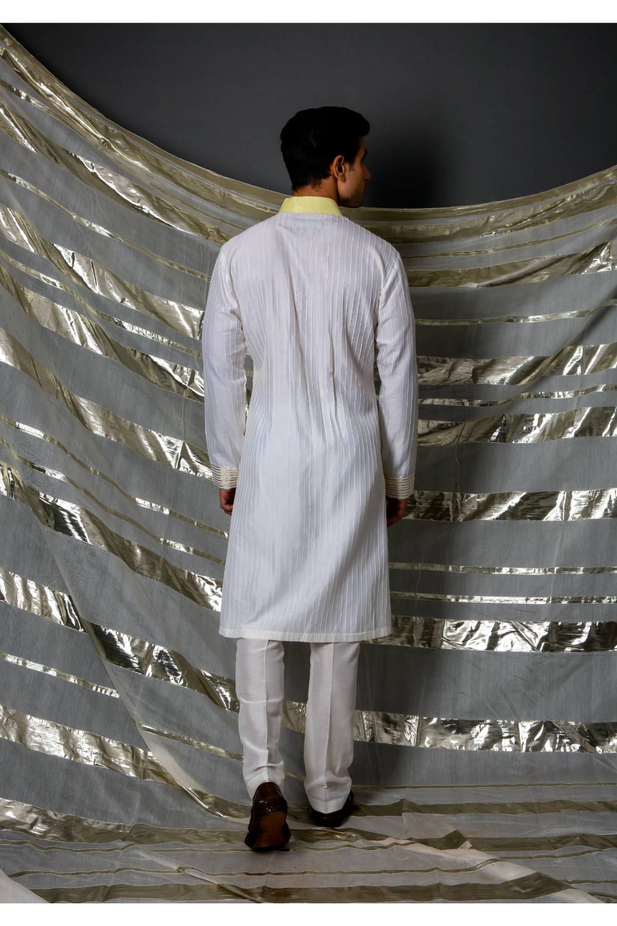 Off white yellow thread pintucks kurta with pleating detail set - Kunal Anil Tanna