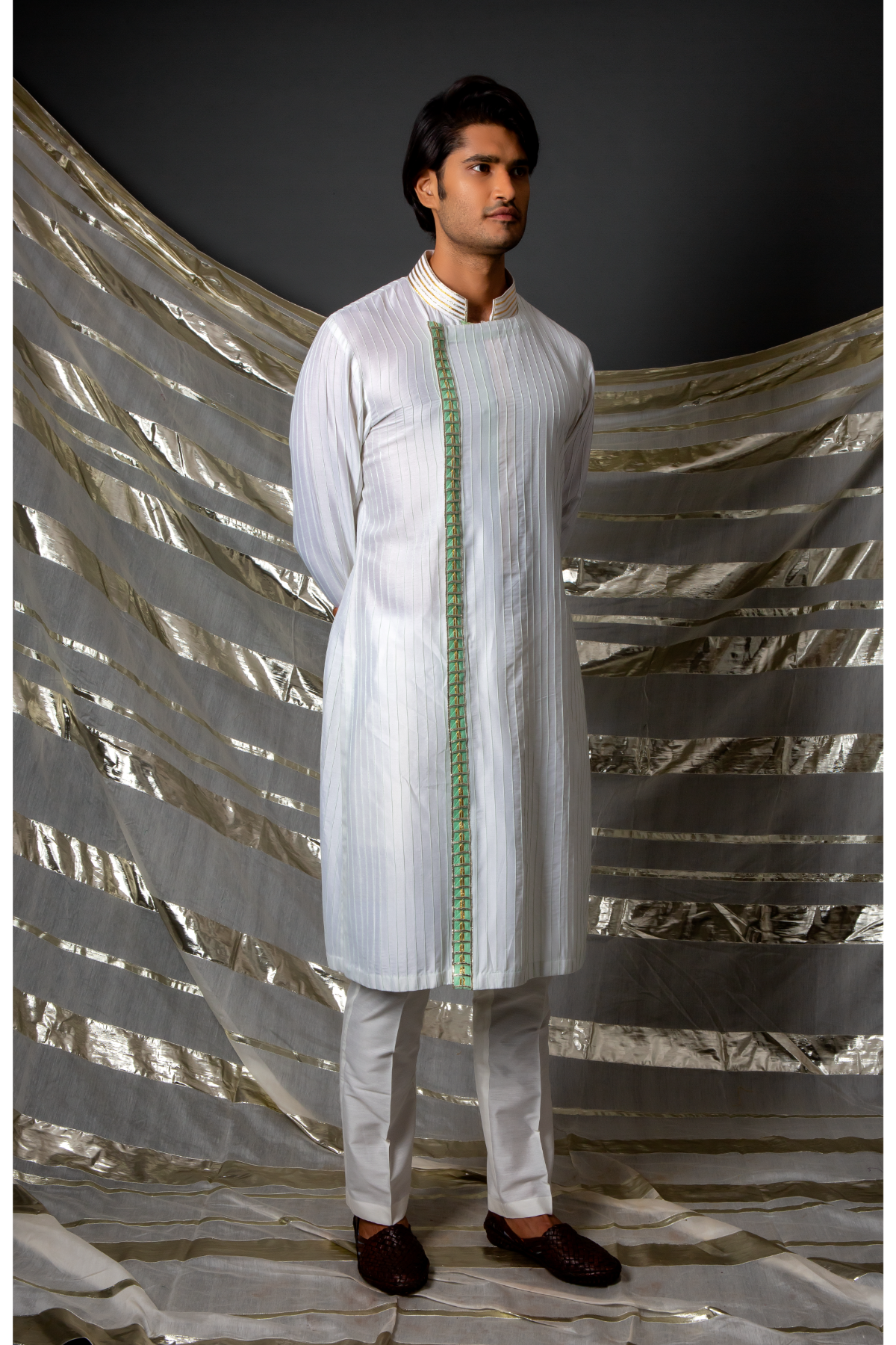 Off white green thread pintucks kurta with pleating detail set - Kunal Anil Tanna