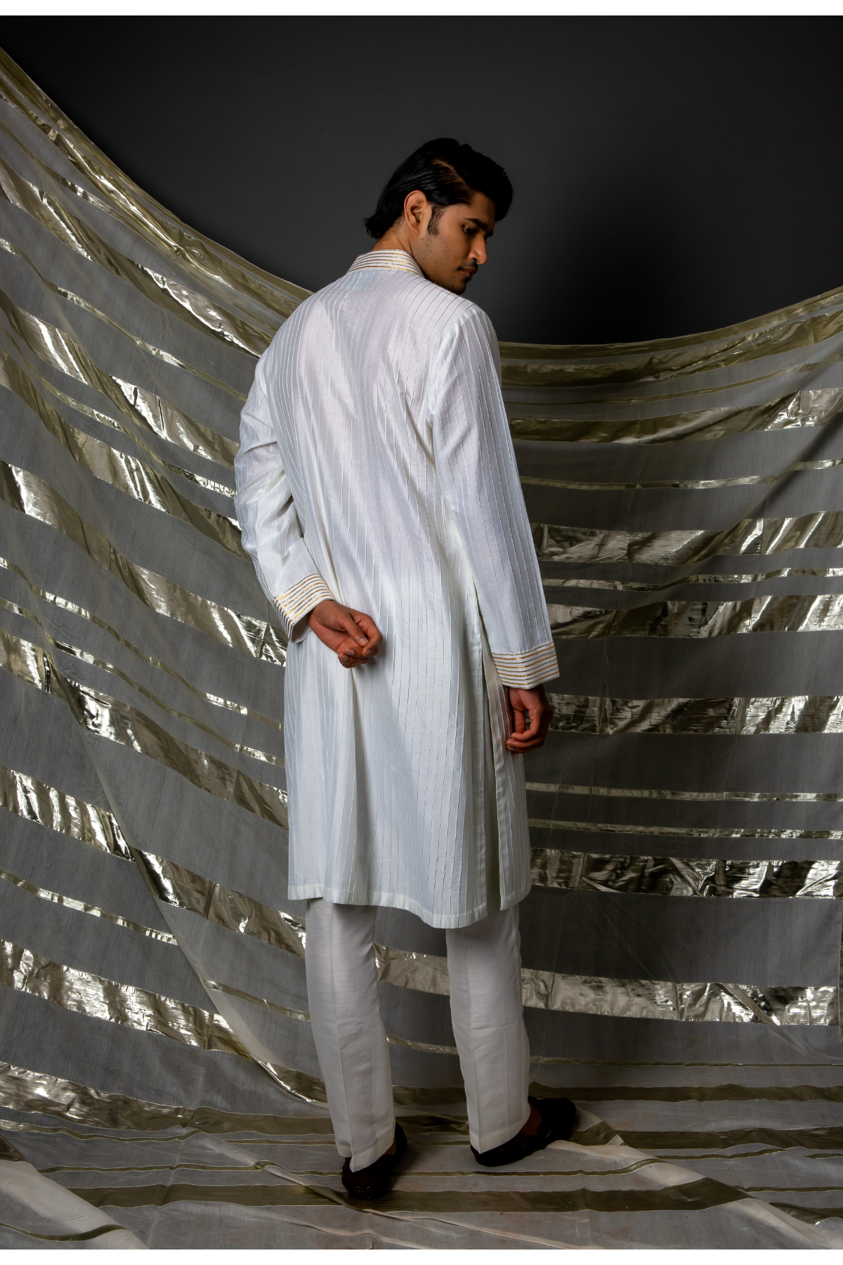 Off white green thread pintucks kurta with pleating detail set - Kunal Anil Tanna