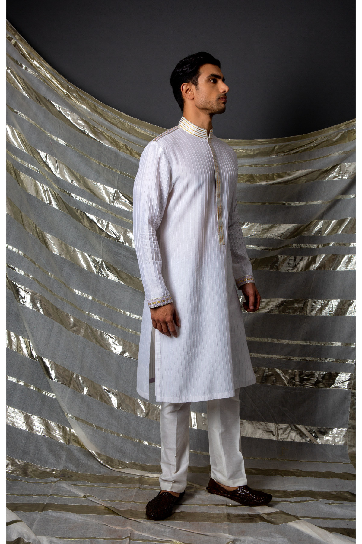 Off white lilac thread pintucks kurta with pleating detail set - Kunal Anil Tanna