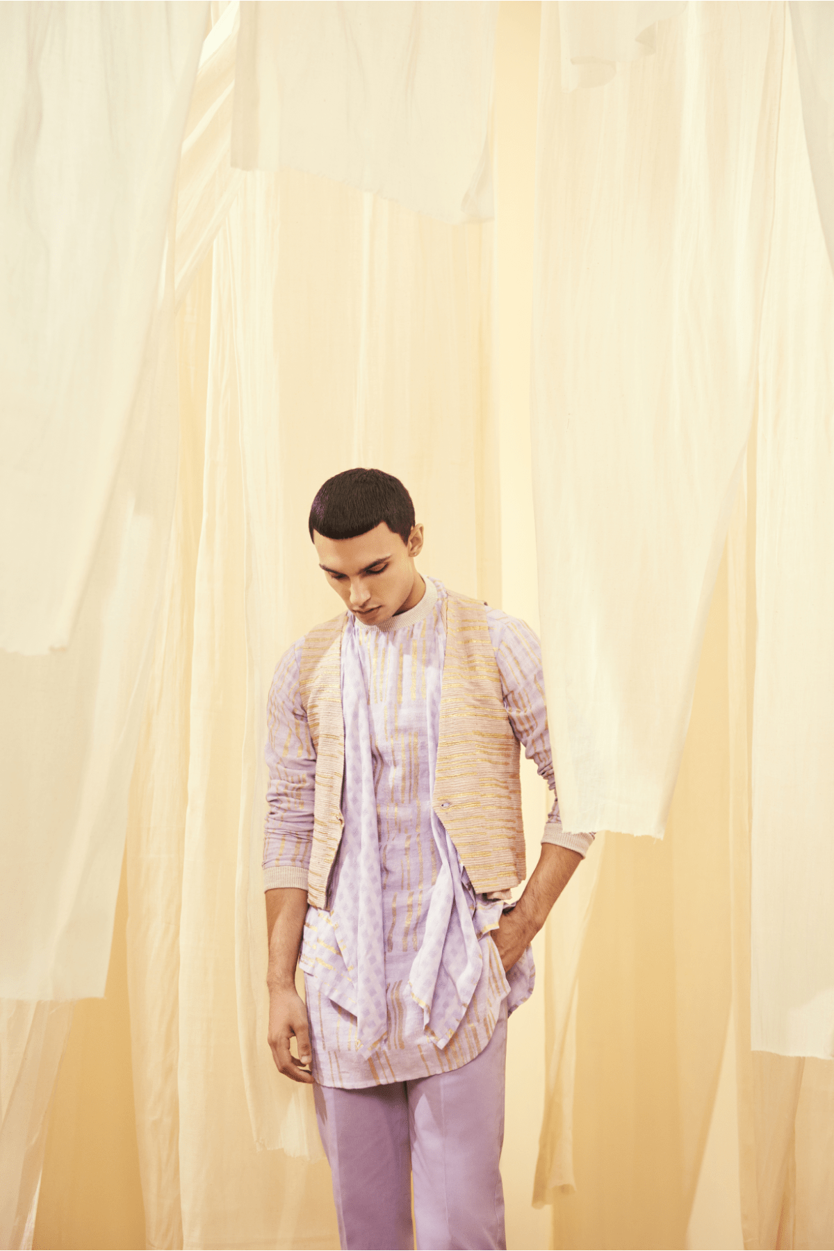 Oyster Beige Waistcoat, Lilac Mock Layered Poloneck Tunic with Lilac Trousers - Kunal Anil Tanna