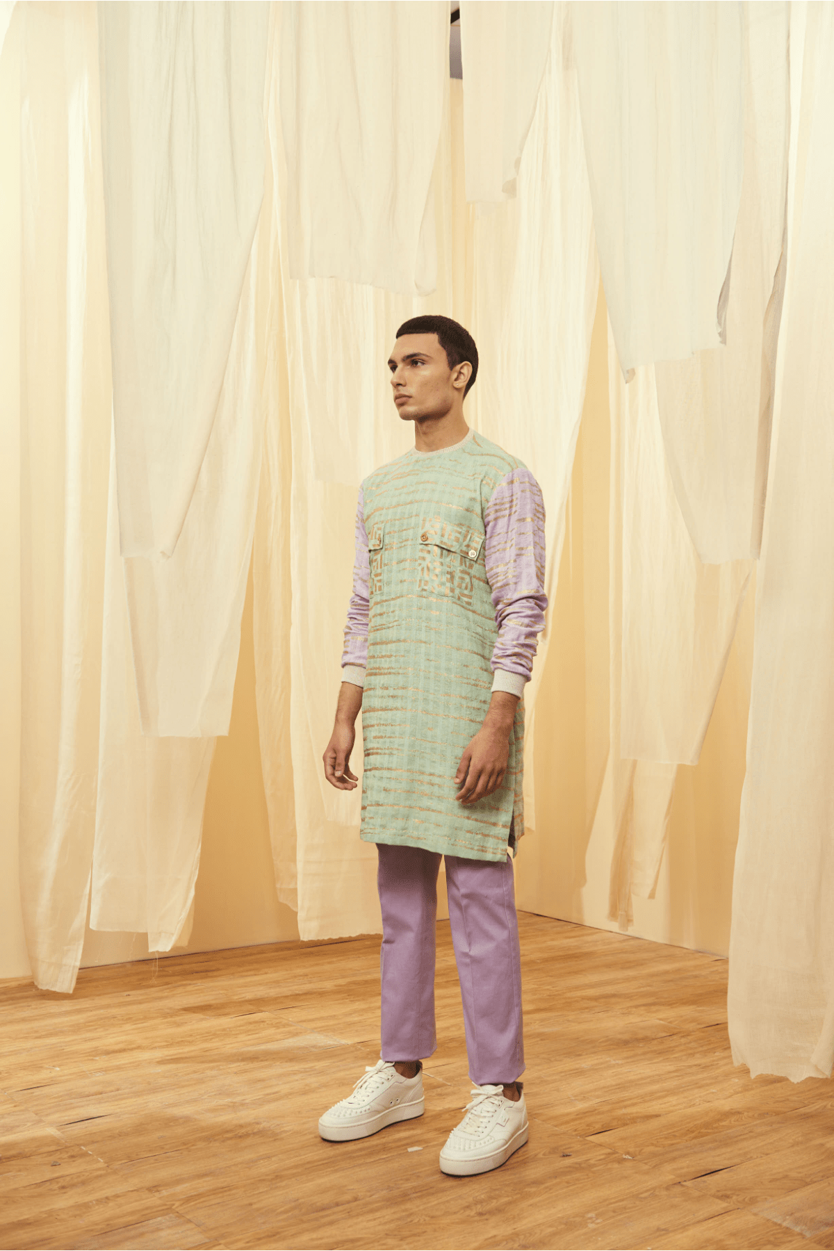 Green and Lilac Long Poloneck Tunic with Lilac Trousers - Kunal Anil Tanna