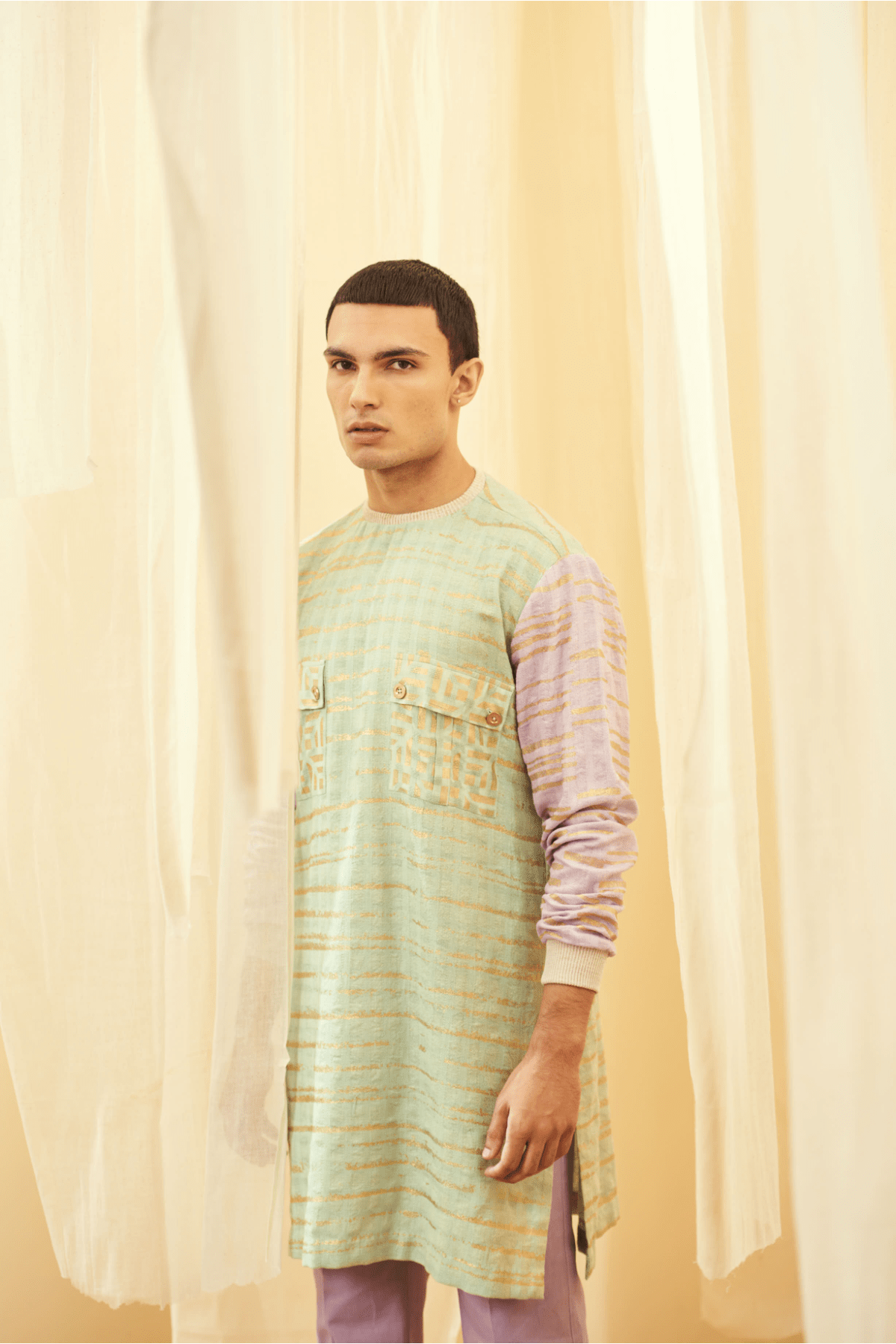 Green and Lilac Long Poloneck Tunic with Lilac Trousers - Kunal Anil Tanna