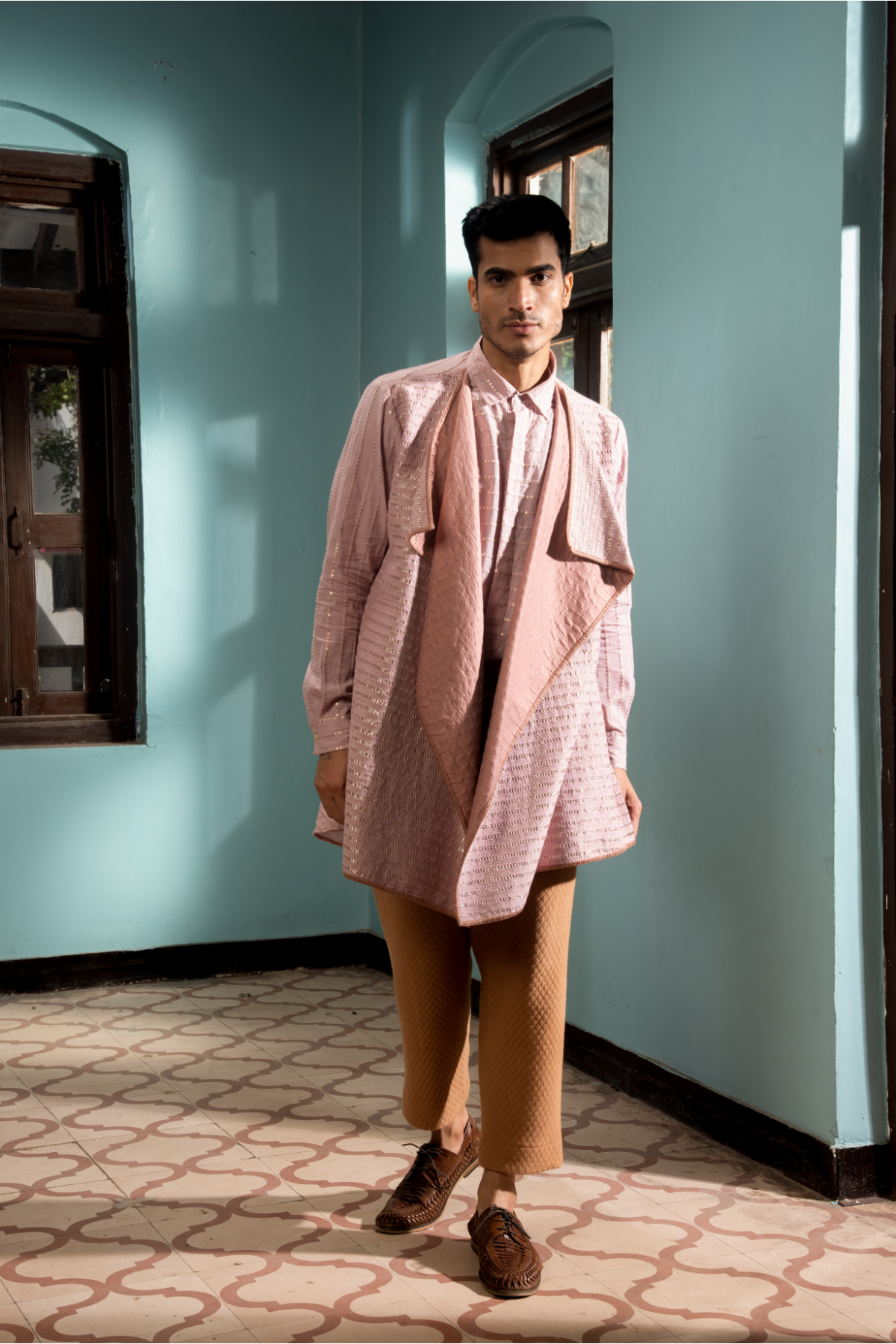 Lilac textured jacket with textured kurta and beige pants - Kunal Anil Tanna