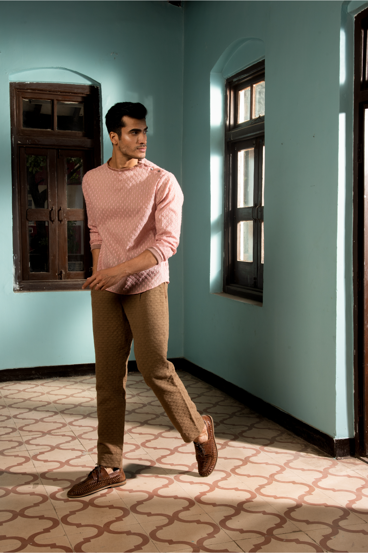 Salmon tunic with dark beige trousers - Kunal Anil Tanna