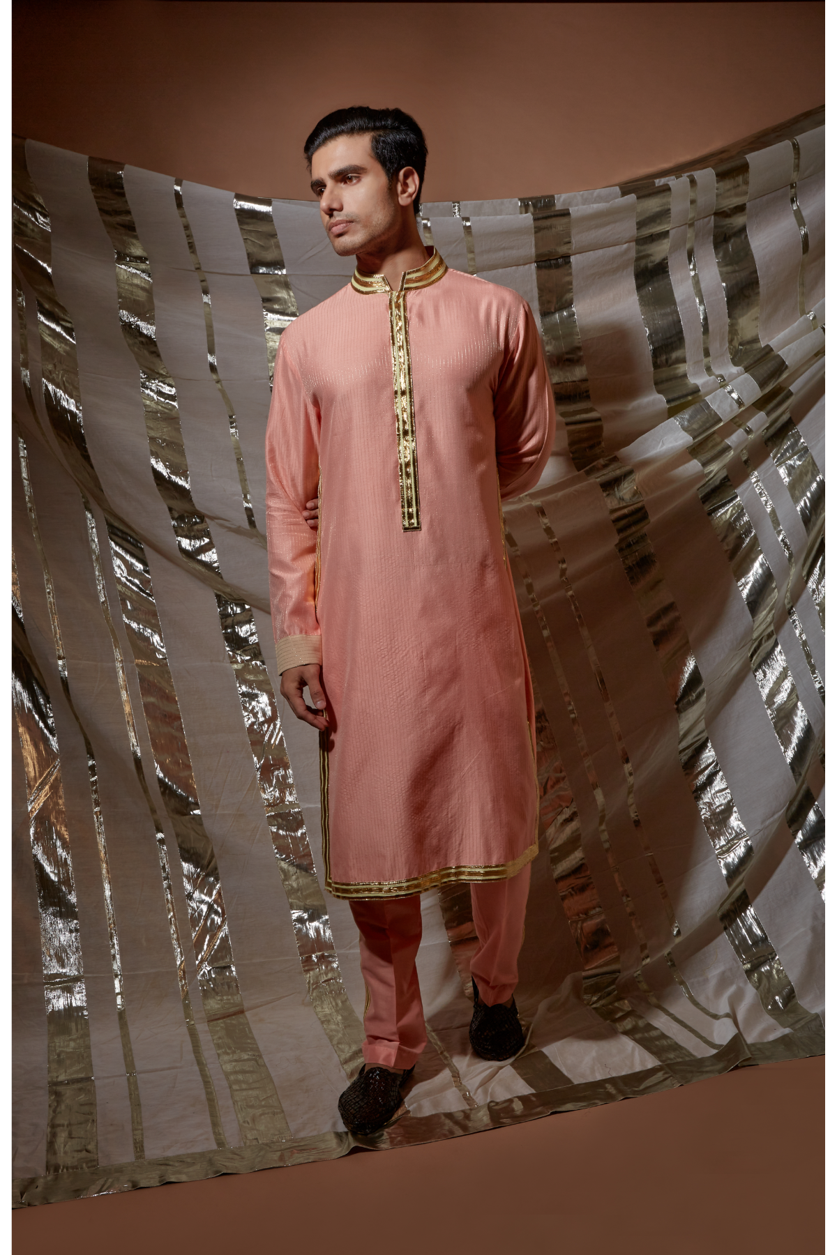 Peach zari textured kurta set - Kunal Anil Tanna