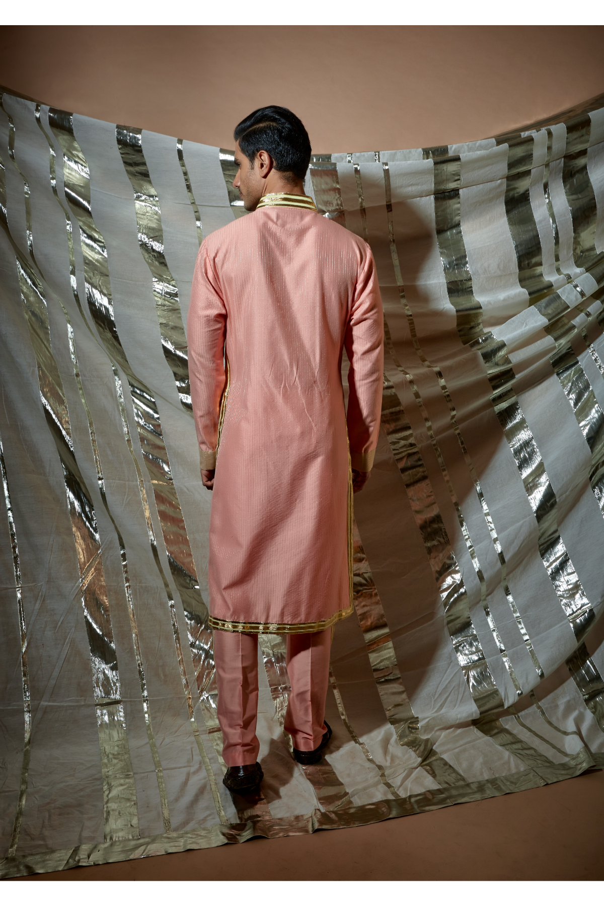 Peach zari textured kurta set - Kunal Anil Tanna