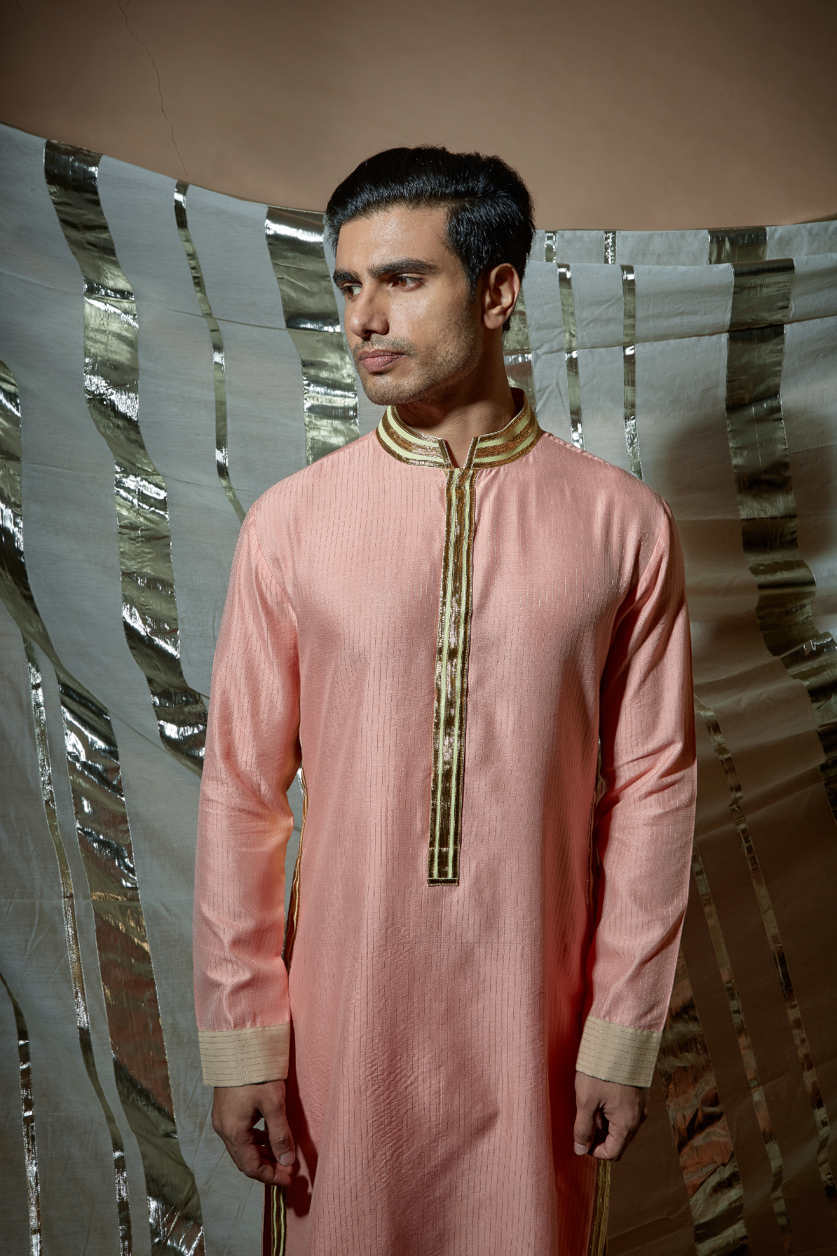 Peach zari textured kurta set - Kunal Anil Tanna