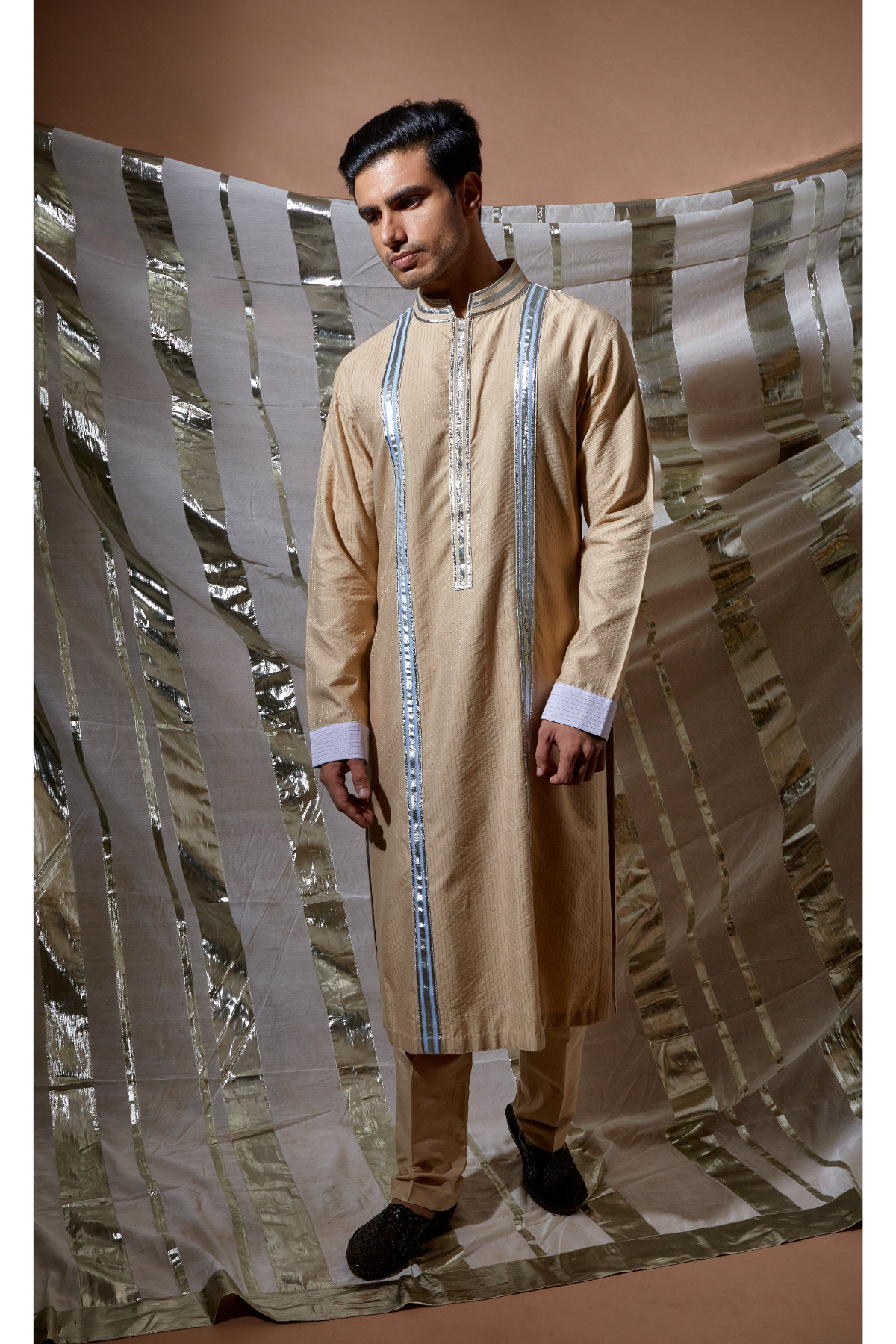 Beige zari textured with blue patch detail kurta set - Kunal Anil Tanna