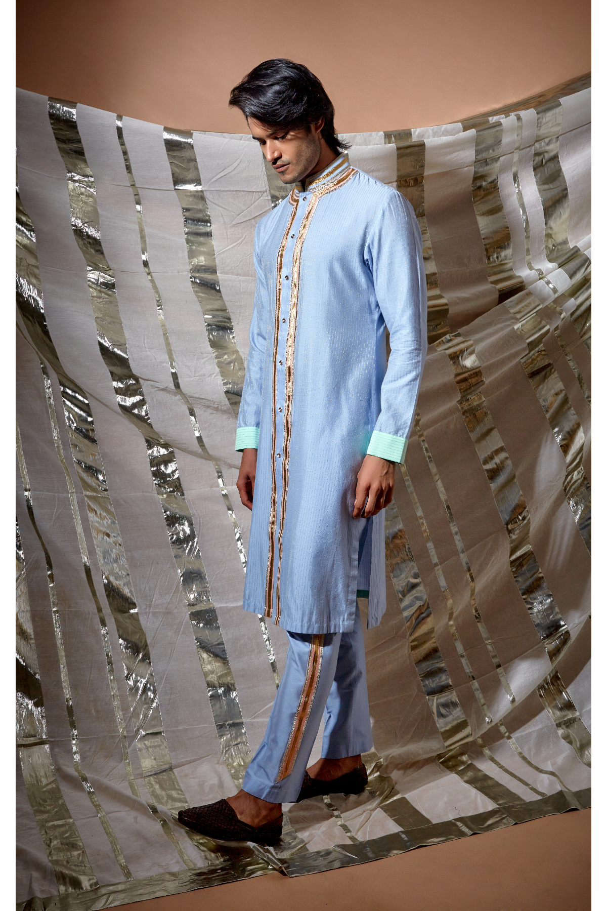 Blue zari textured with green patch detail kurta set - Kunal Anil Tanna