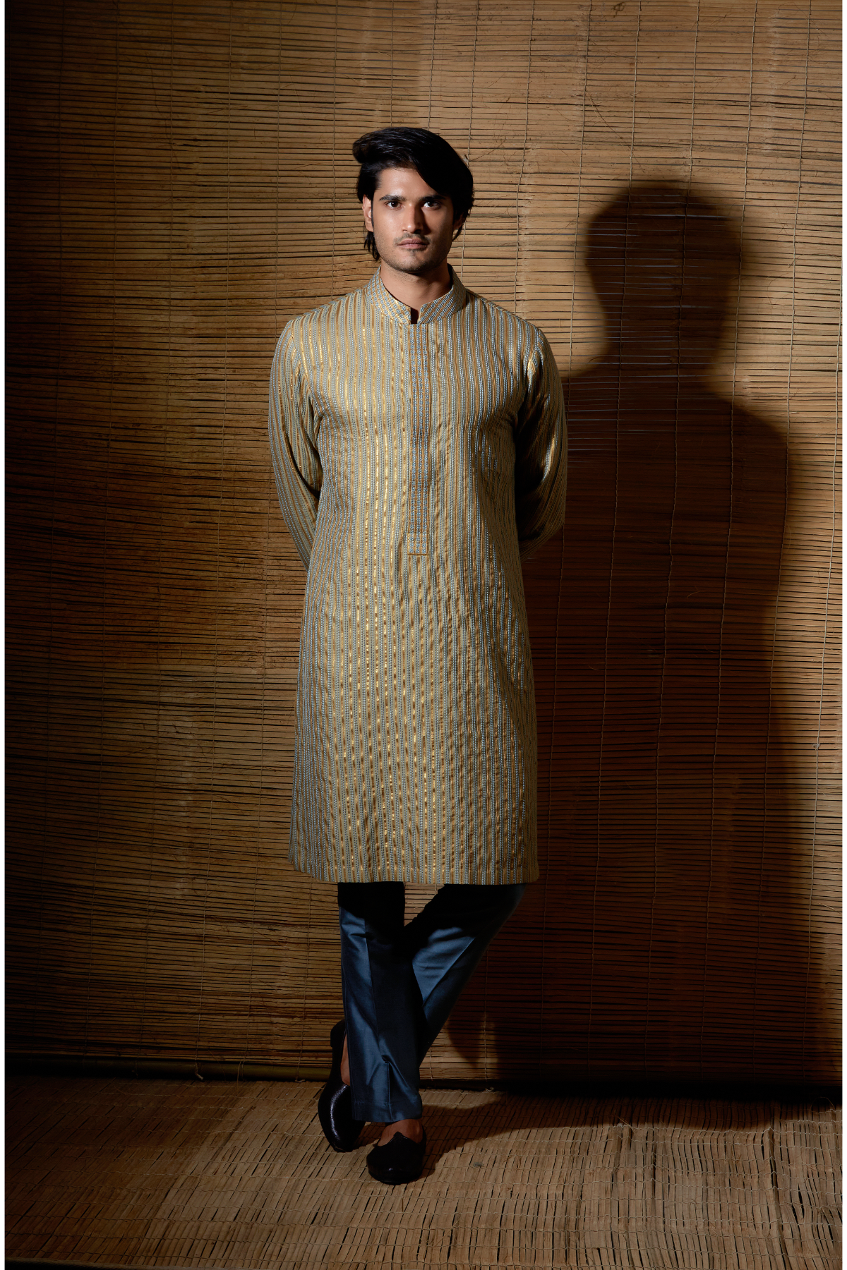 Beige grey thread and gotta textured kurta set - Kunal Anil Tanna