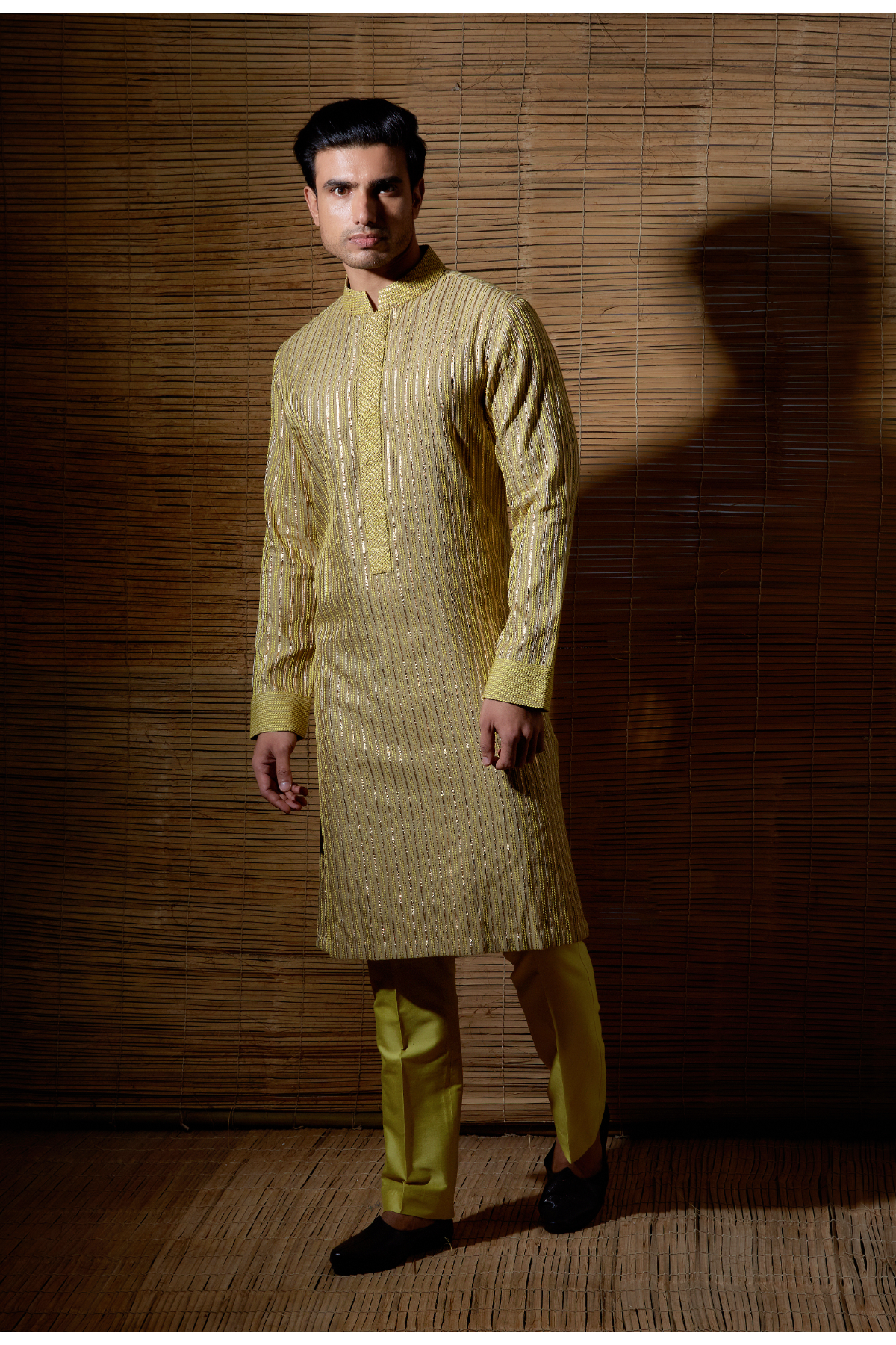 Beige yellow thread and gotta textured kurta set - Kunal Anil Tanna