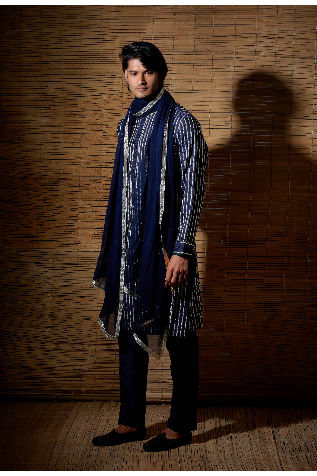 Dark blue gotta textured kurta set - Kunal Anil Tanna