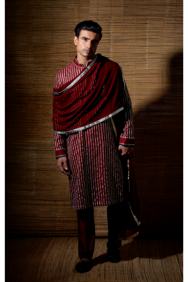 Maroon gotta textured kurta set - Kunal Anil Tanna