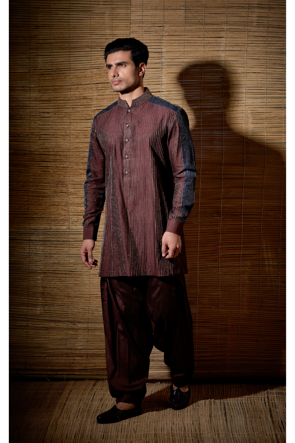 Brown textured kurta with dark blue patch detail paired with brown salwar - Kunal Anil Tanna