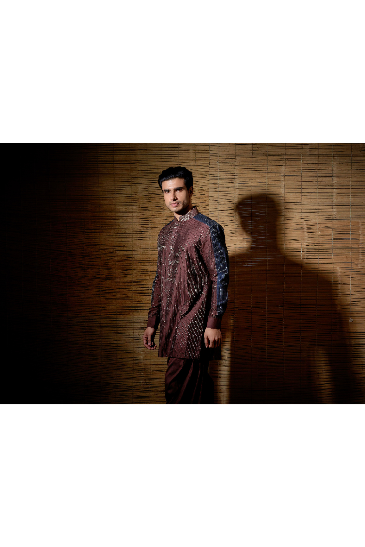 Brown textured kurta with dark blue patch detail paired with brown salwar - Kunal Anil Tanna