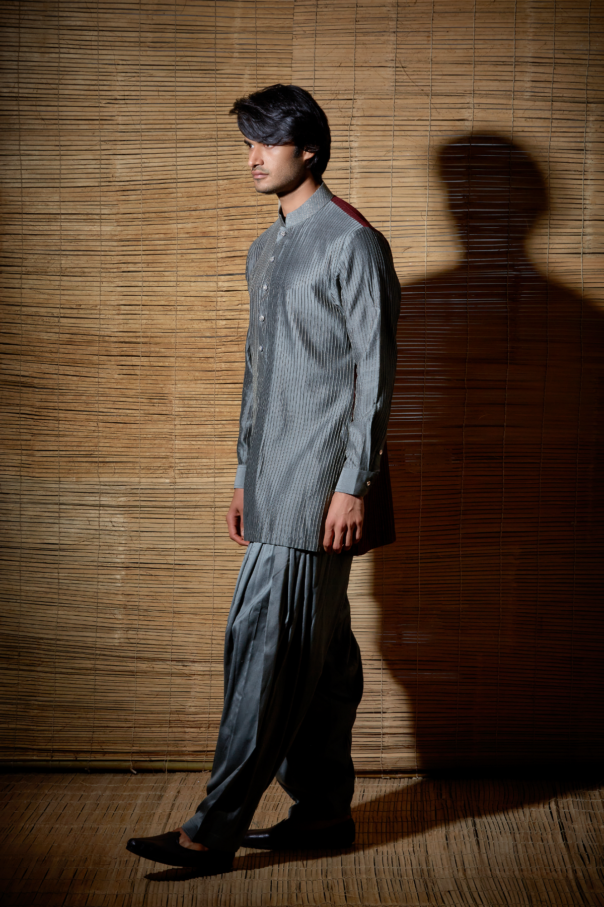 Grey textured kurta with maroon back paired with salwar - Kunal Anil Tanna