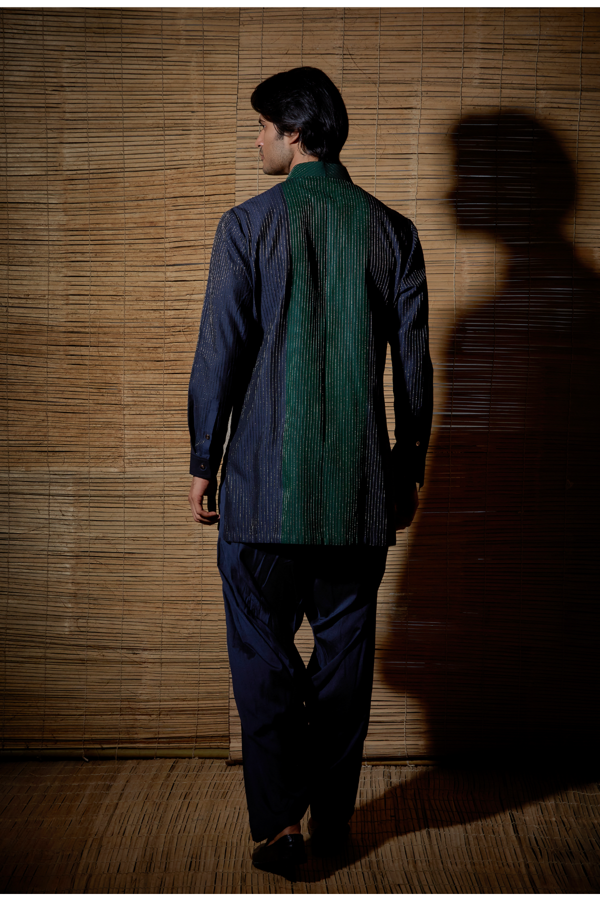 Dark blue textured kurta with dark green detail paired with salwar - Kunal Anil Tanna