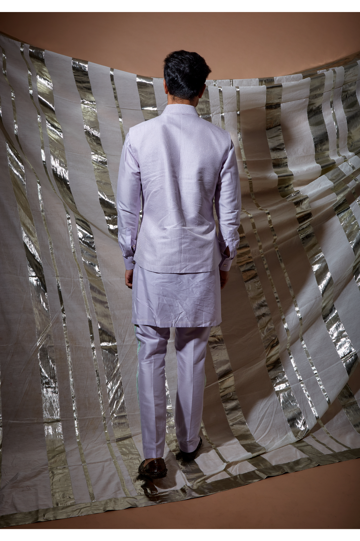 Lilac zari textured bandi jacket with green detail paired with lilac kurta and pyjama pants - Kunal Anil Tanna