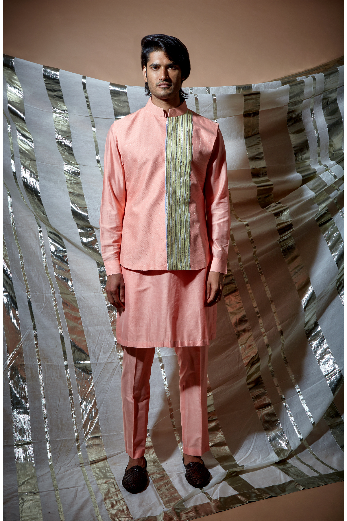 Peach zari textured bandi jacket with yellow patch detail paired with peach kurta and pyjama pants - Kunal Anil Tanna