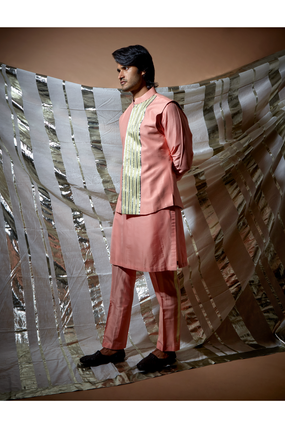 Peach zari textured bandi jacket with yellow patch detail paired with peach kurta and pyjama pants - Kunal Anil Tanna