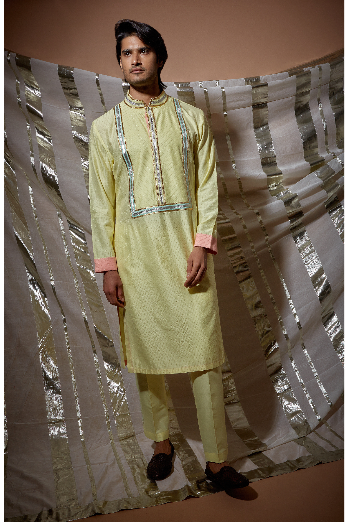 Yellow zari textured with lilac patch detail kurta set - Kunal Anil Tanna