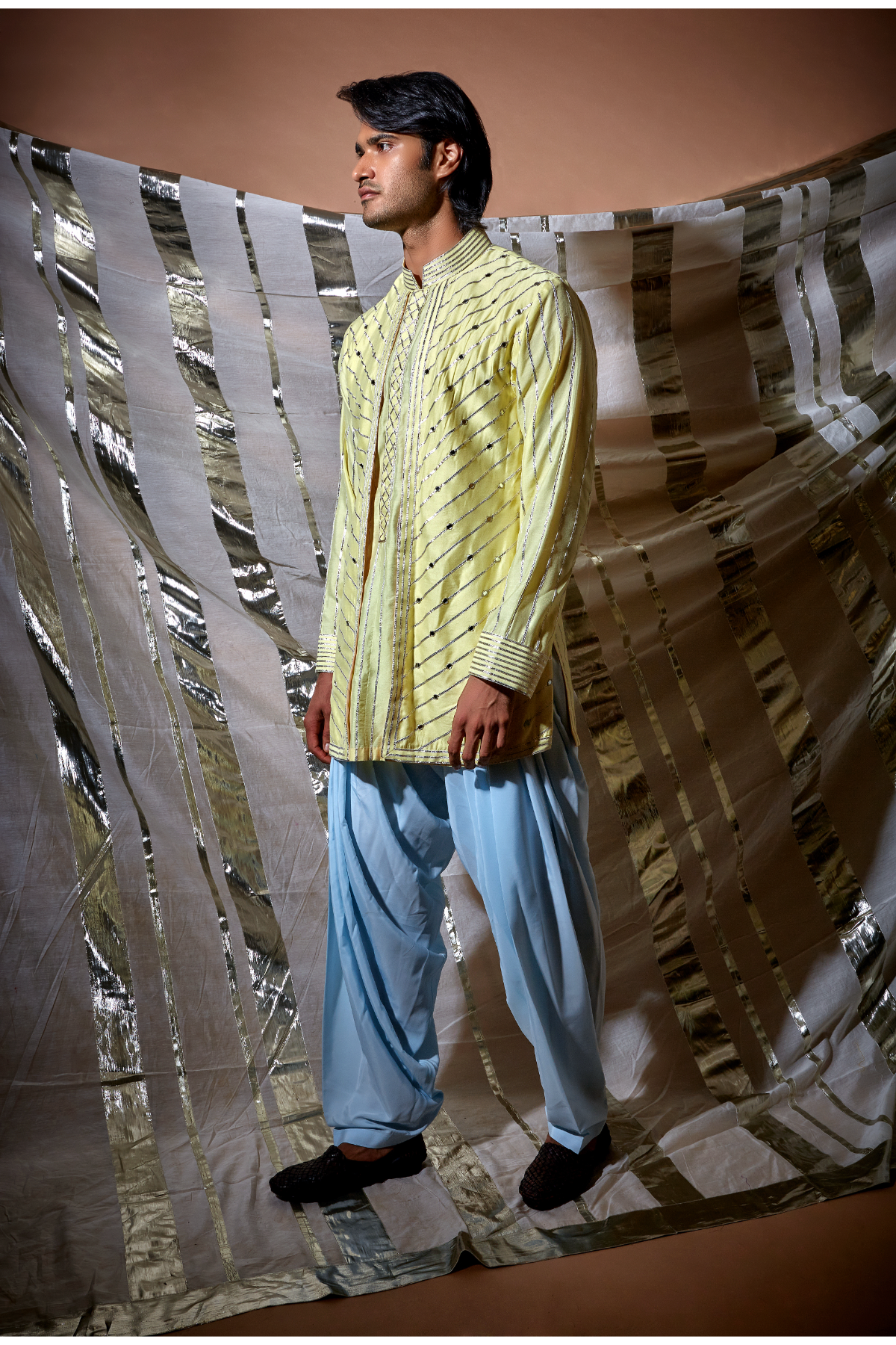 Yellow gotta textured layered kurta set - Kunal Anil Tanna