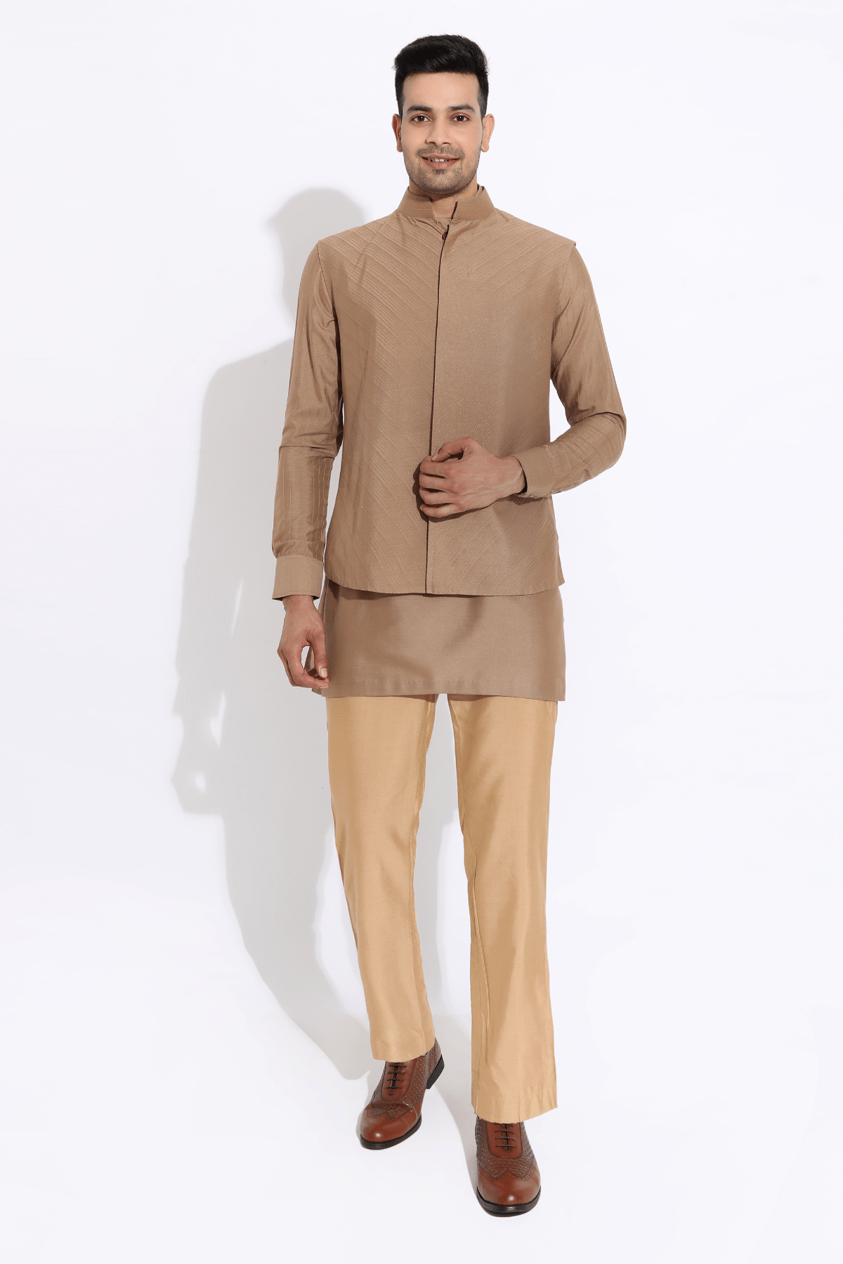 Beige bandi with kurta and aligarhi - Kunal Anil Tanna