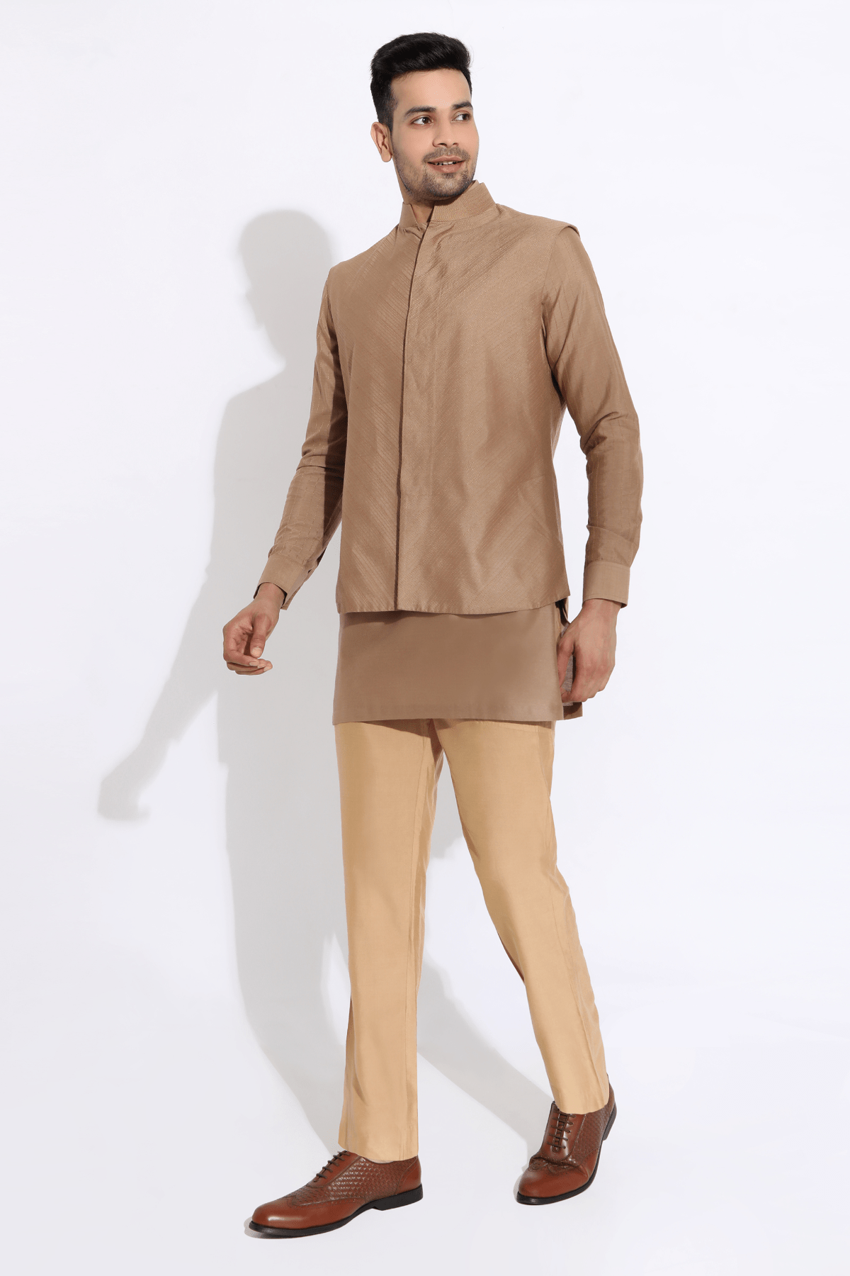 Beige bandi with kurta and aligarhi - Kunal Anil Tanna