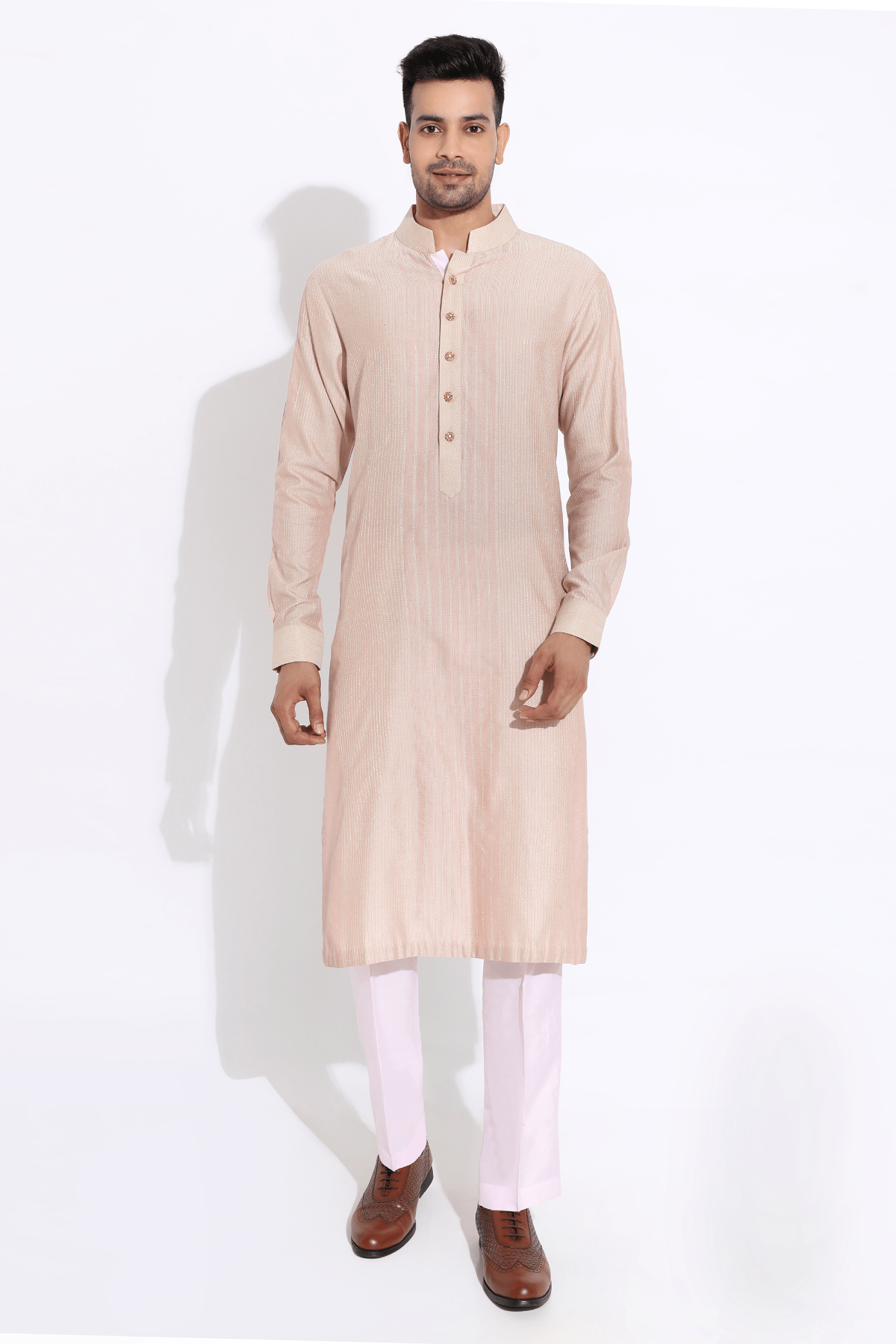 Beige textured kurta with pyjama - Kunal Anil Tanna