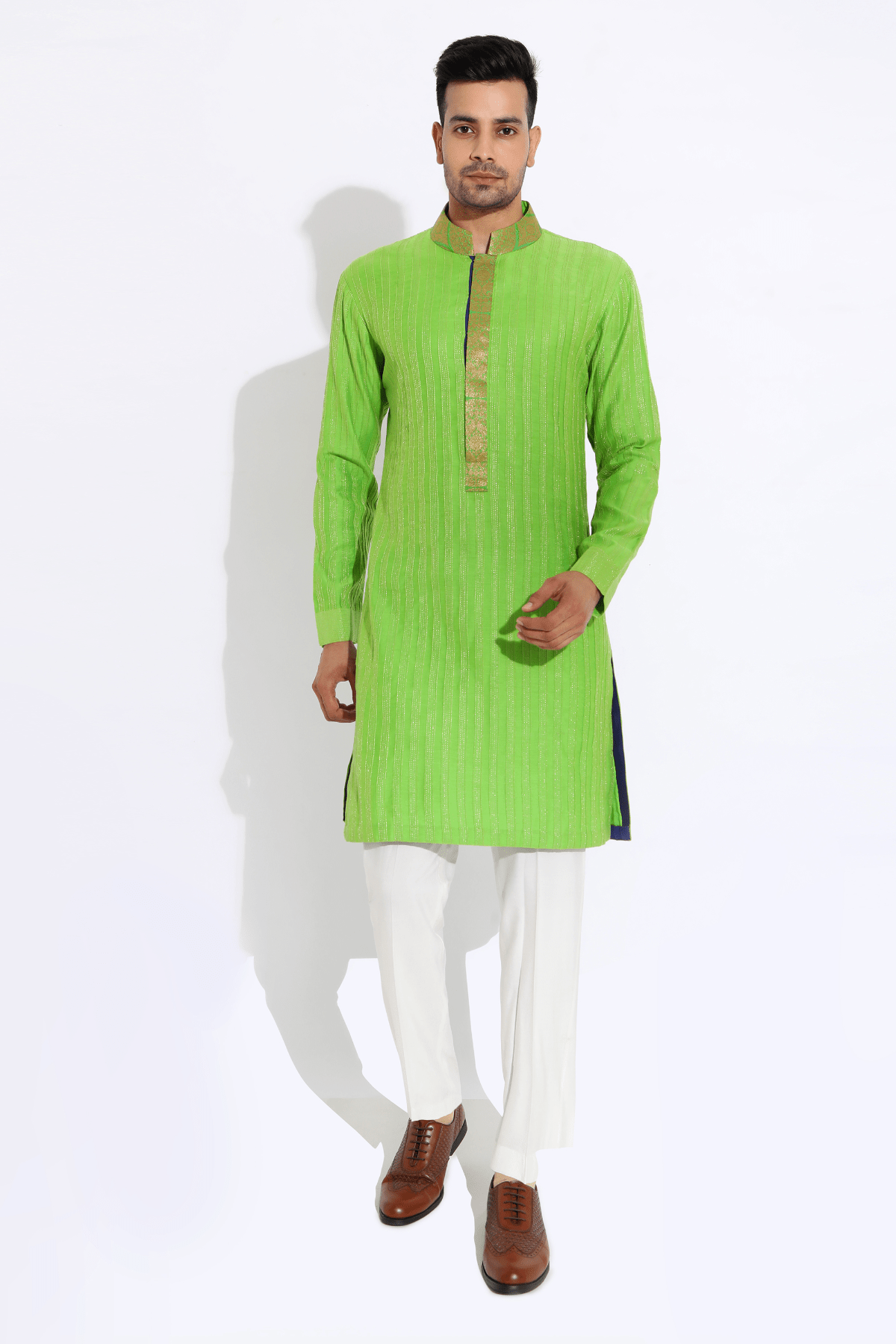 Green textured kurta with brocade collar and placket and pyjama - Kunal Anil Tanna