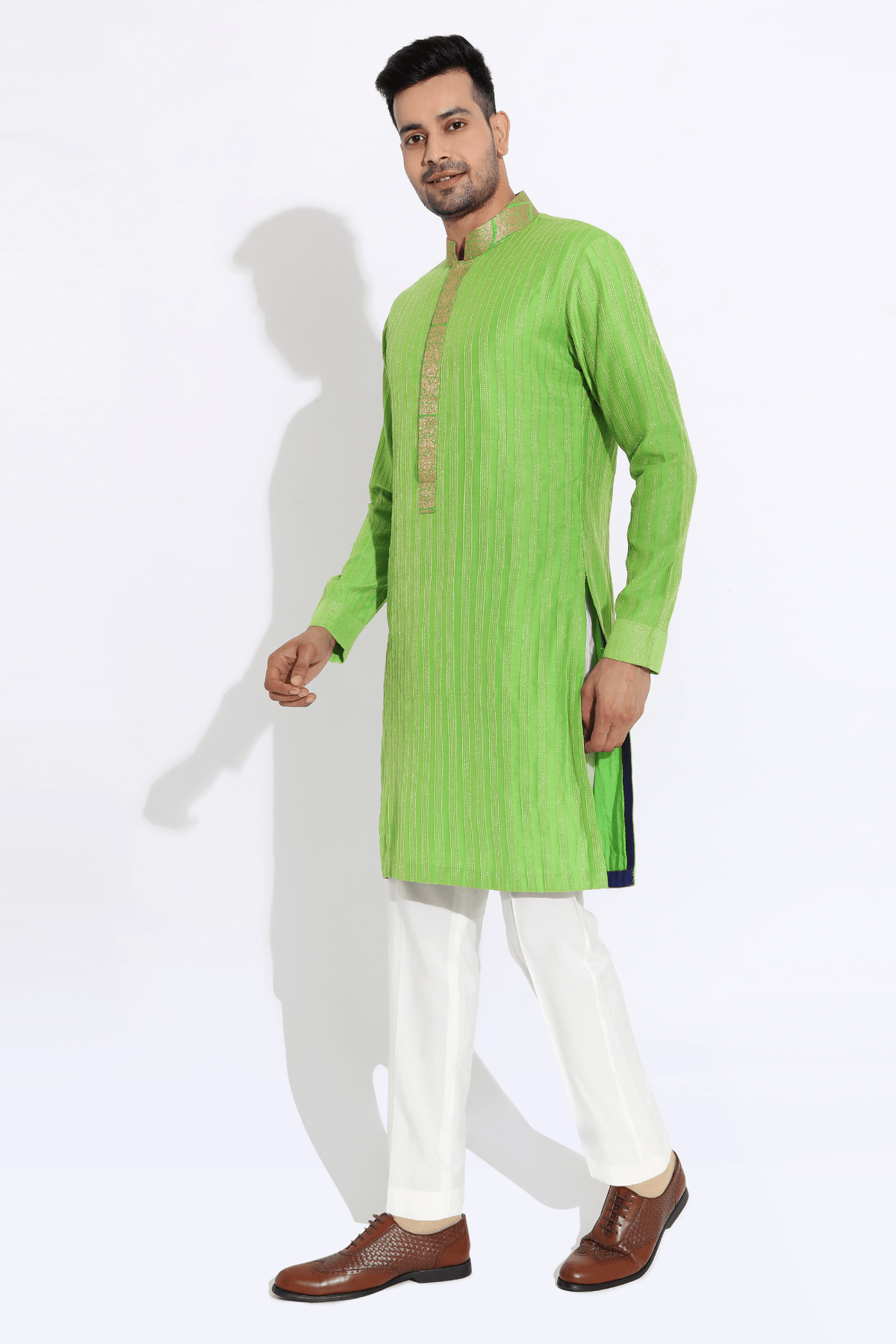 Green textured kurta with brocade collar and placket and pyjama - Kunal Anil Tanna