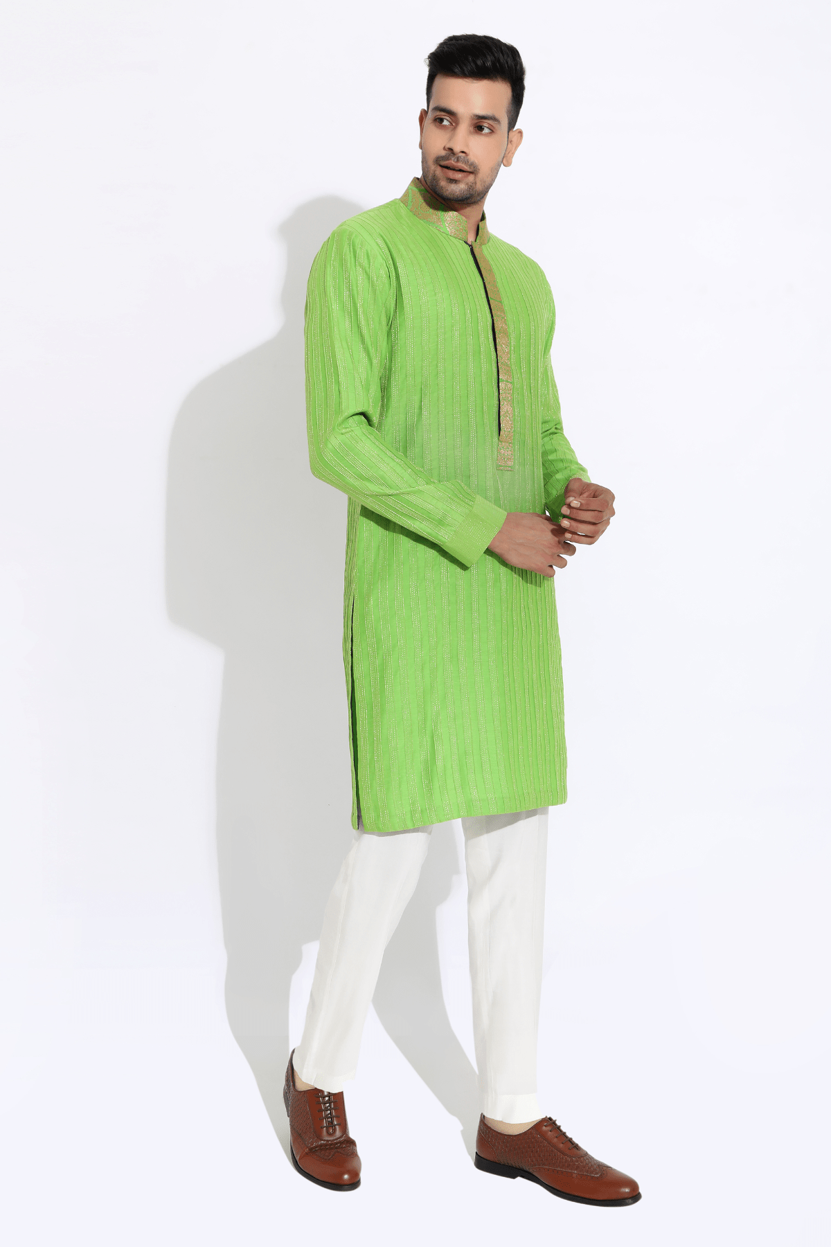 Green textured kurta with brocade collar and placket and pyjama - Kunal Anil Tanna