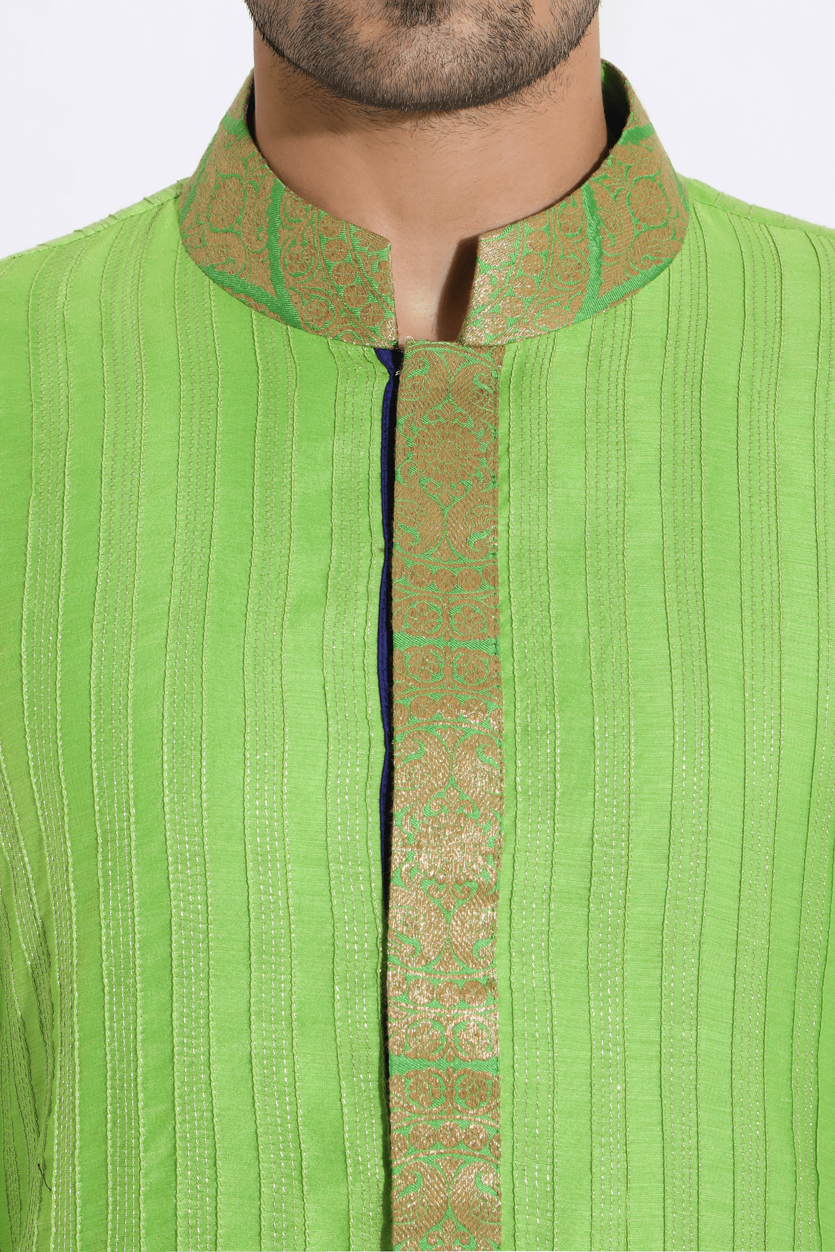 Green textured kurta with brocade collar and placket and pyjama - Kunal Anil Tanna