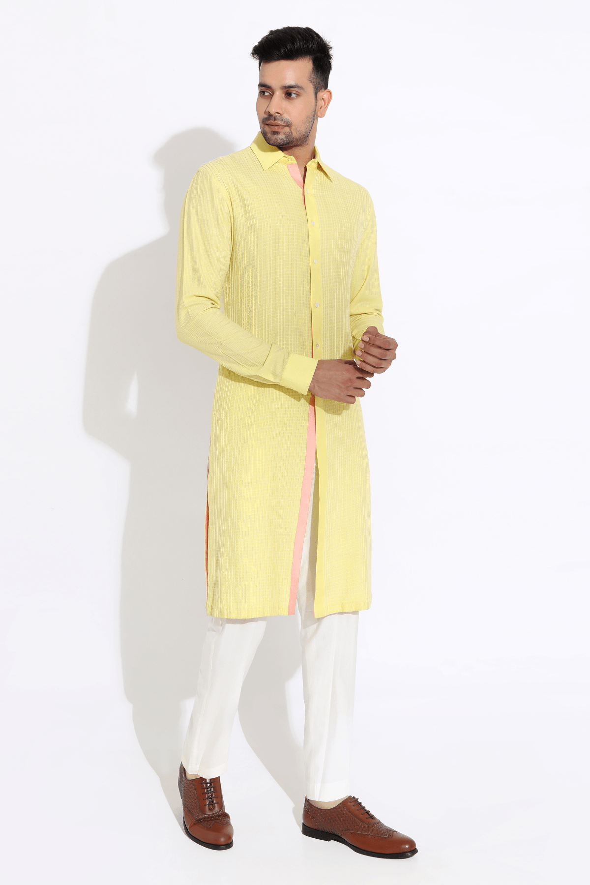 Yellow textured kurta with pyjama - Kunal Anil Tanna