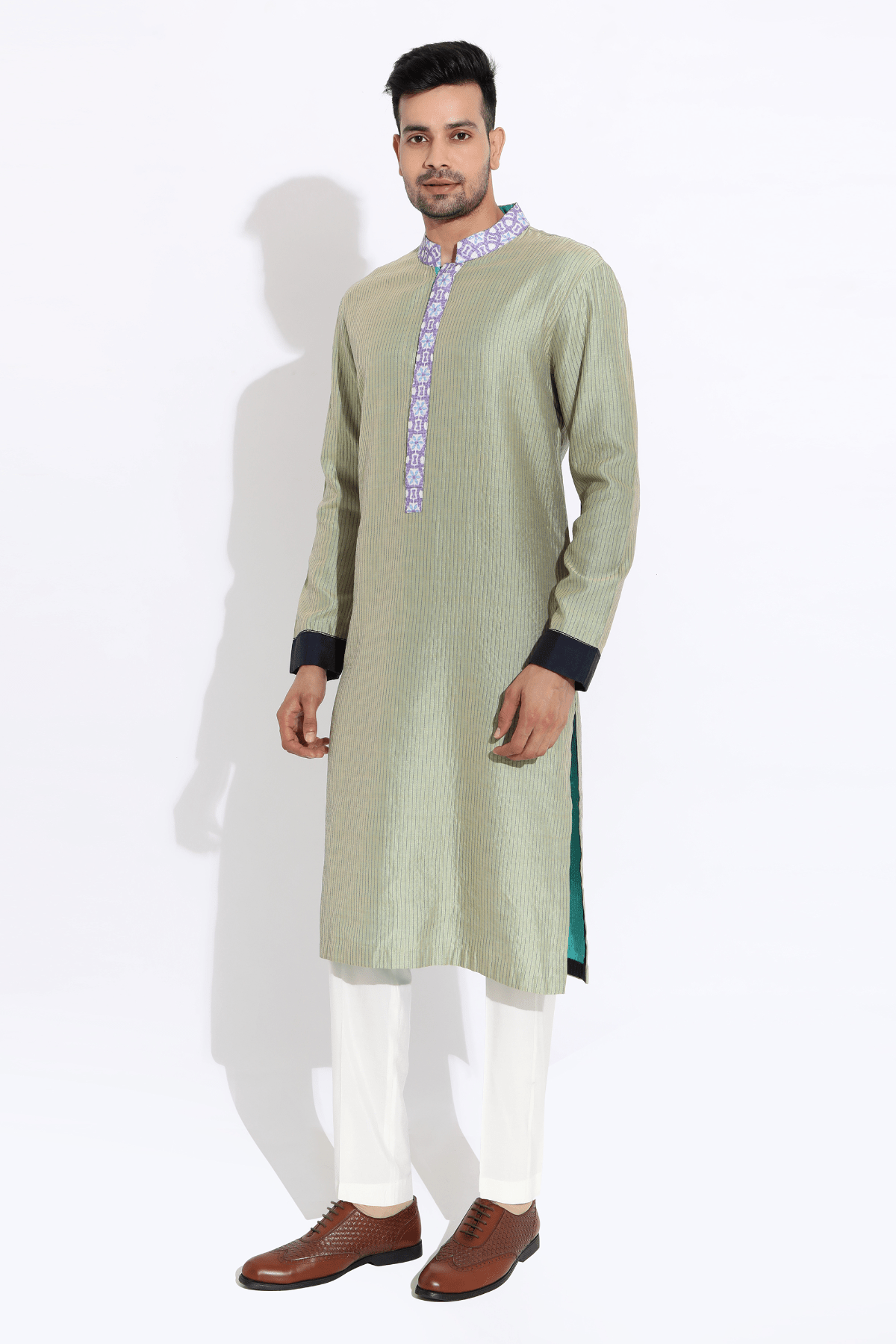 Pista green textured kurta with printed collar,placket paired with pyjama - Kunal Anil Tanna