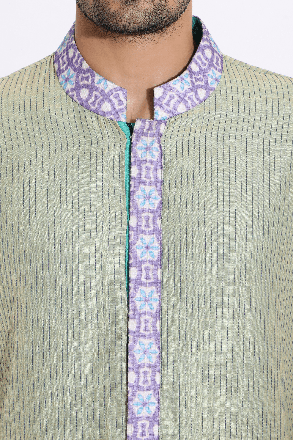 Pista green textured kurta with printed collar,placket paired with pyjama - Kunal Anil Tanna